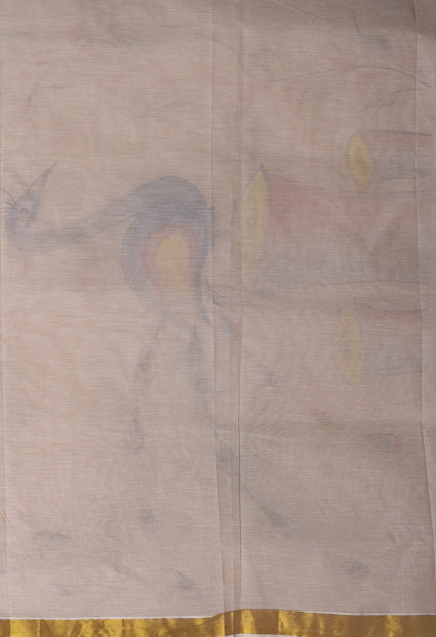 Ivory-Beige Pure Brush Painted Kerala Kasavu Cotton Saree-UNM82336