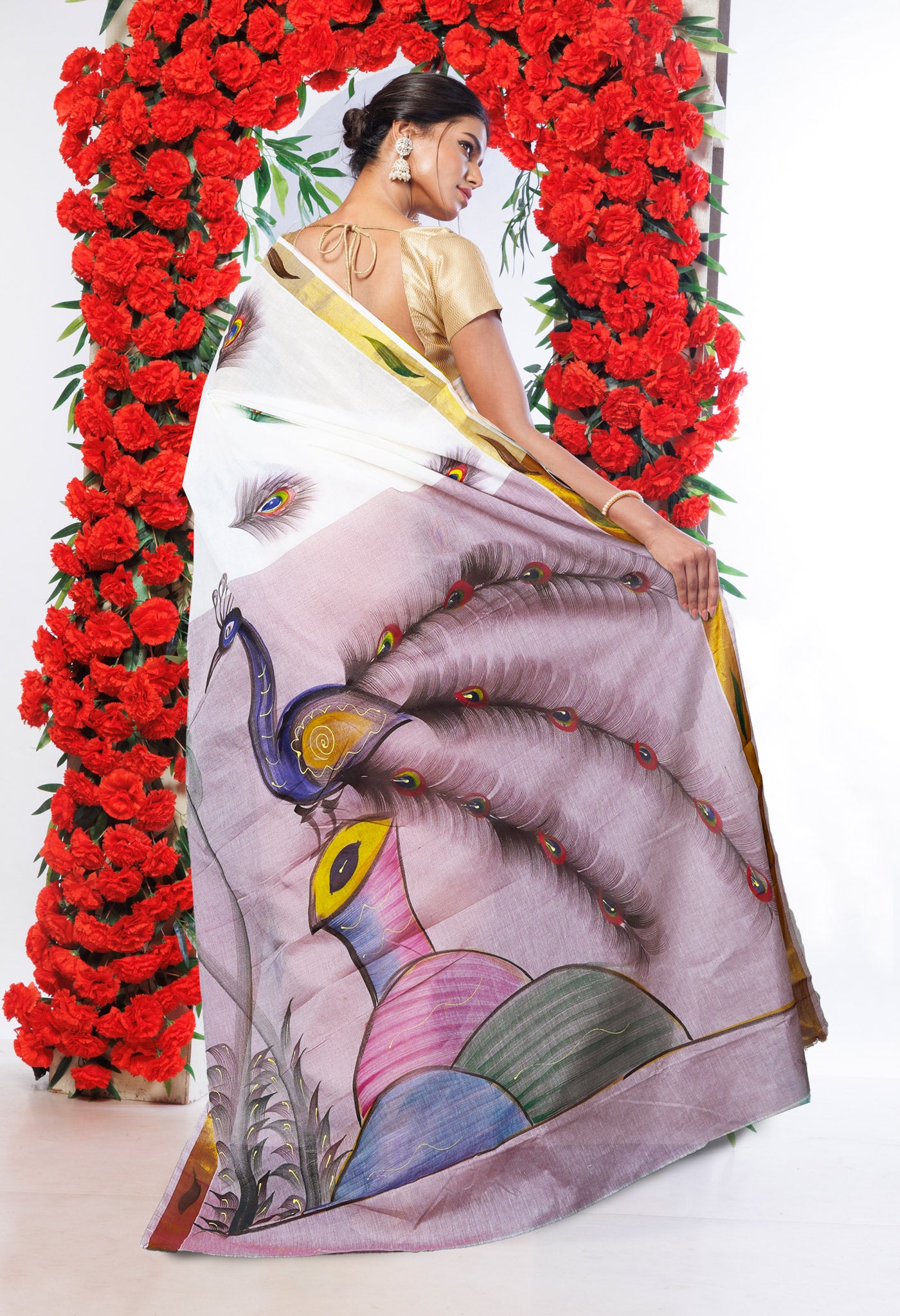 Ivory-Pale Maroon Pure Brush Painted Kerala Kasavu Cotton Saree-UNM82341