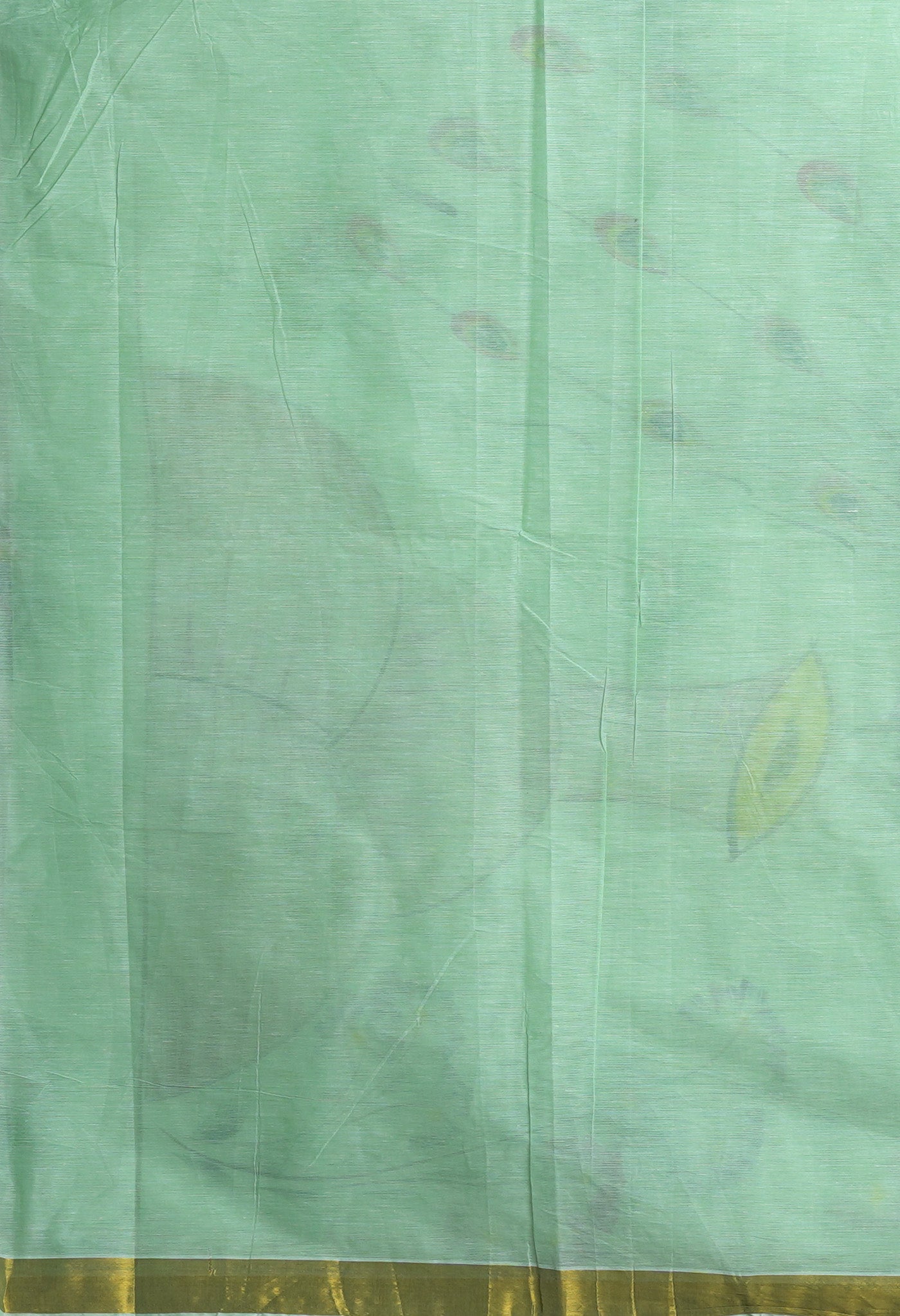 Ivory-Mint Green Pure Brush Painted Kerala Kasavu Cotton Saree-UNM82343