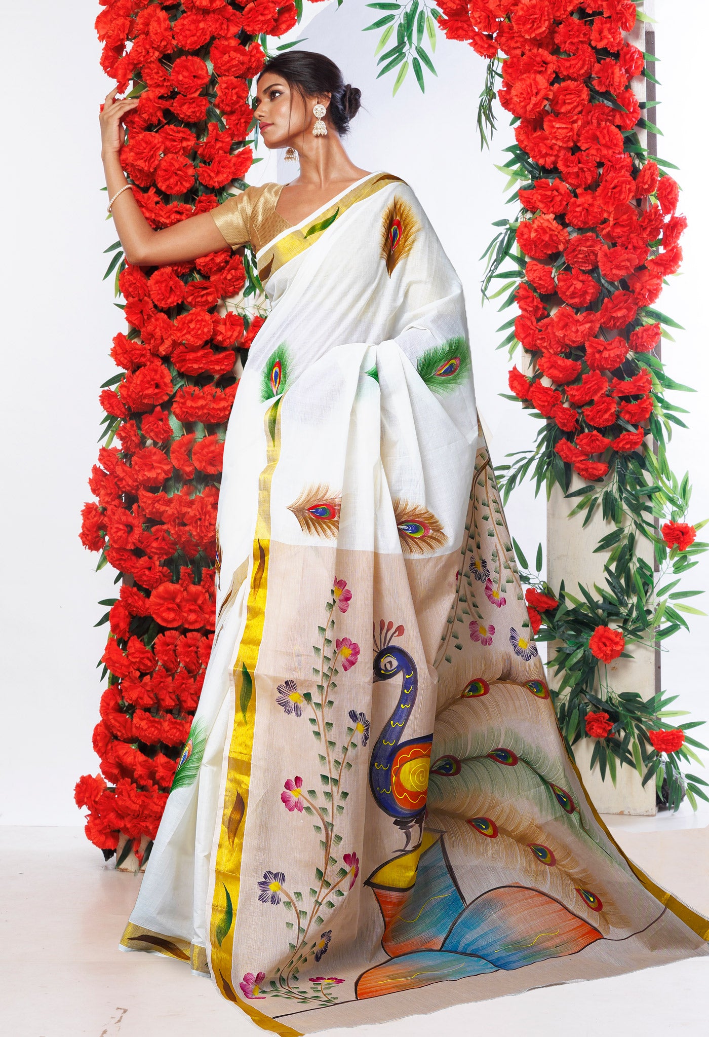 Ivory-Beige Pure Brush Painted Kerala Kasavu Cotton Saree-UNM82344
