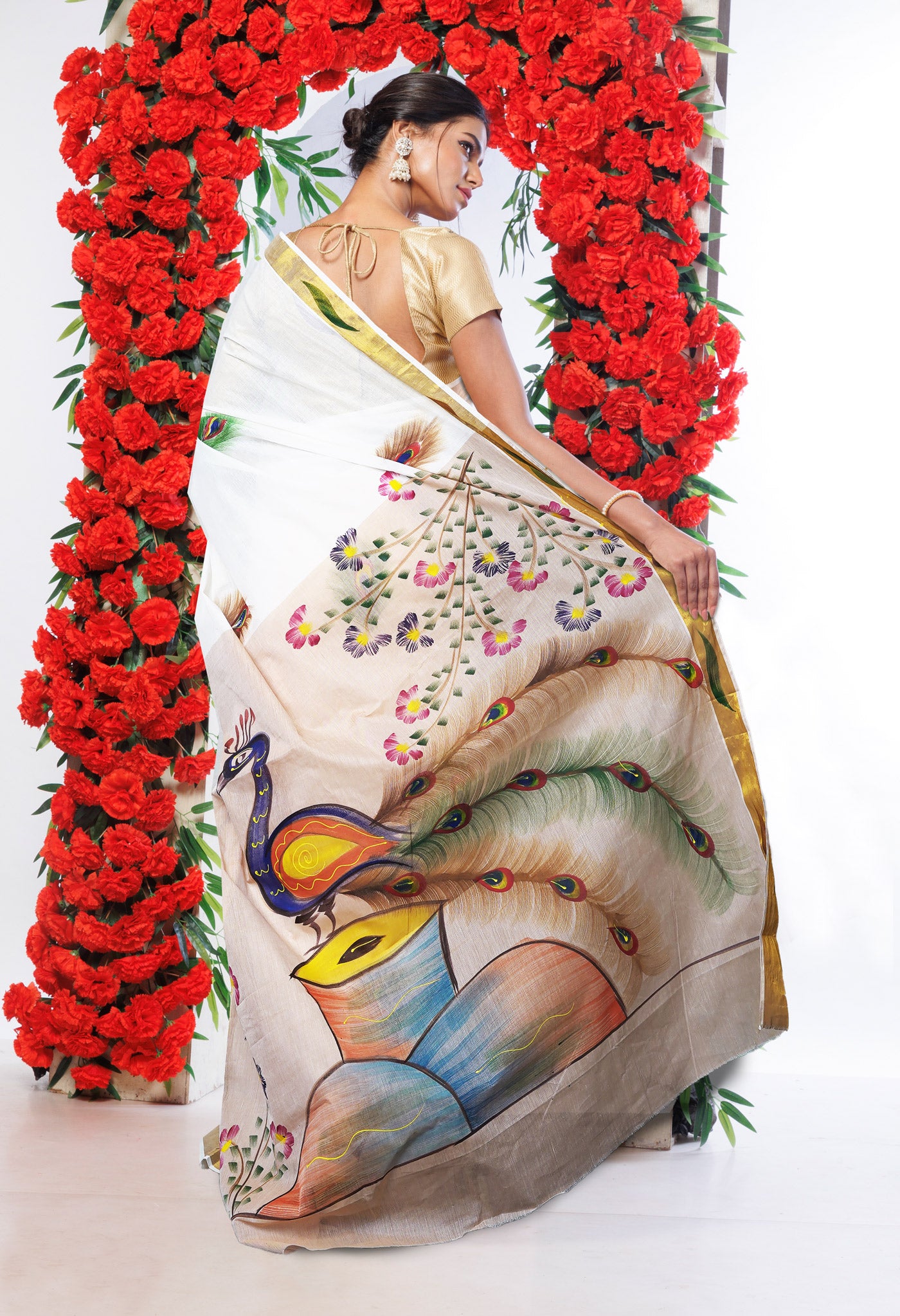 Ivory-Beige Pure Brush Painted Kerala Kasavu Cotton Saree-UNM82344