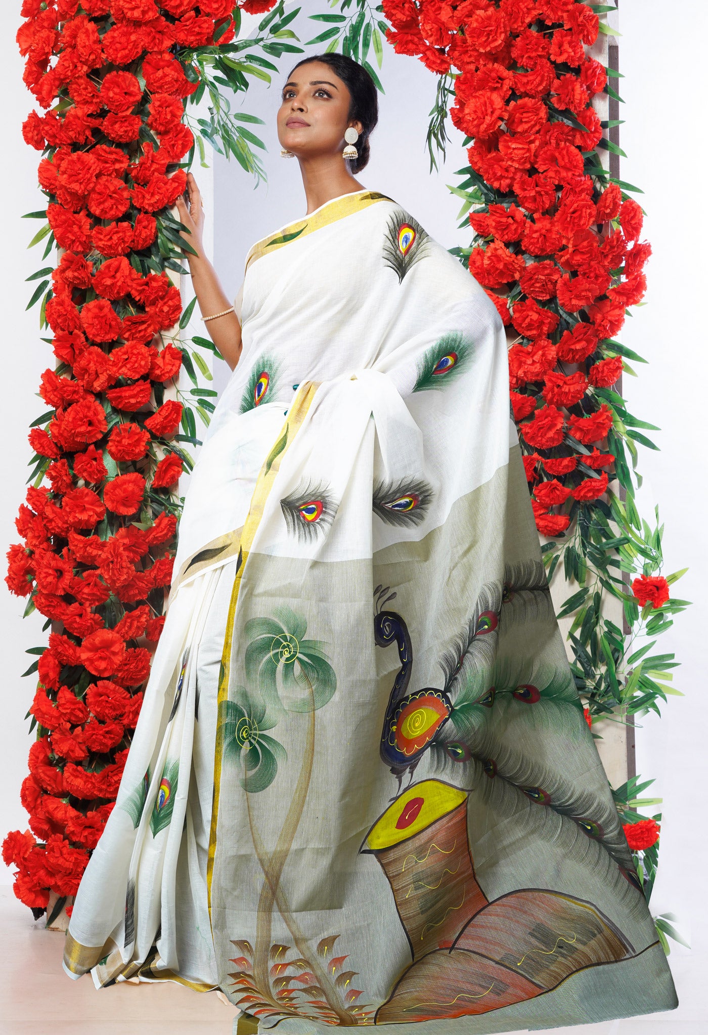Ivory-Pale Olive Green Pure Brush Painted Kerala Kasavu Cotton Saree-UNM82345