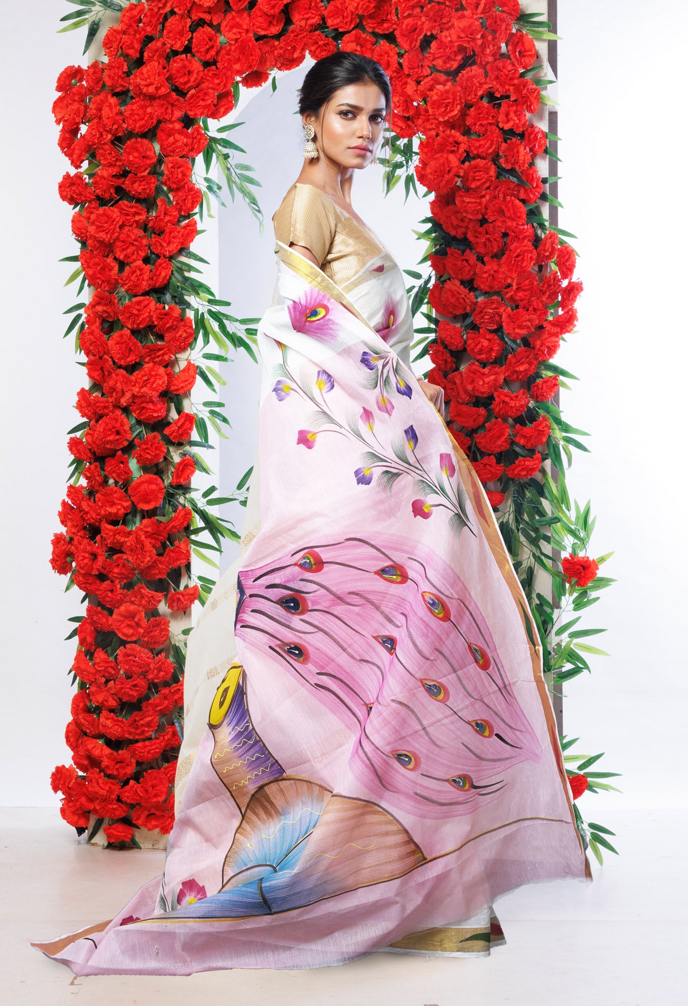 Ivory-Baby Pink Pure Brush Painted Kerala Kasavu Cotton Saree-UNM82347