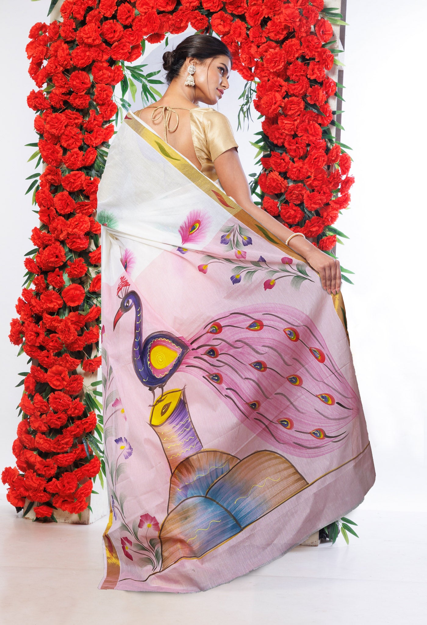 Ivory-Baby Pink Pure Brush Painted Kerala Kasavu Cotton Saree-UNM82347