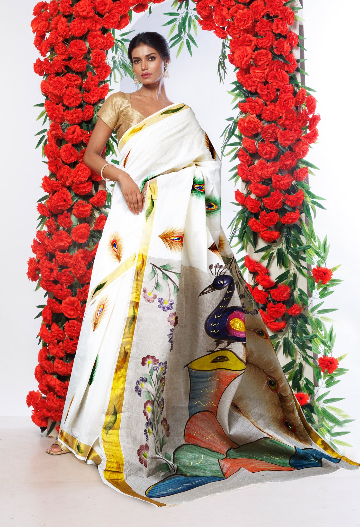 Ivory-Pale Grey Pure Brush Painted Kerala Kasavu Cotton Saree-UNM82348