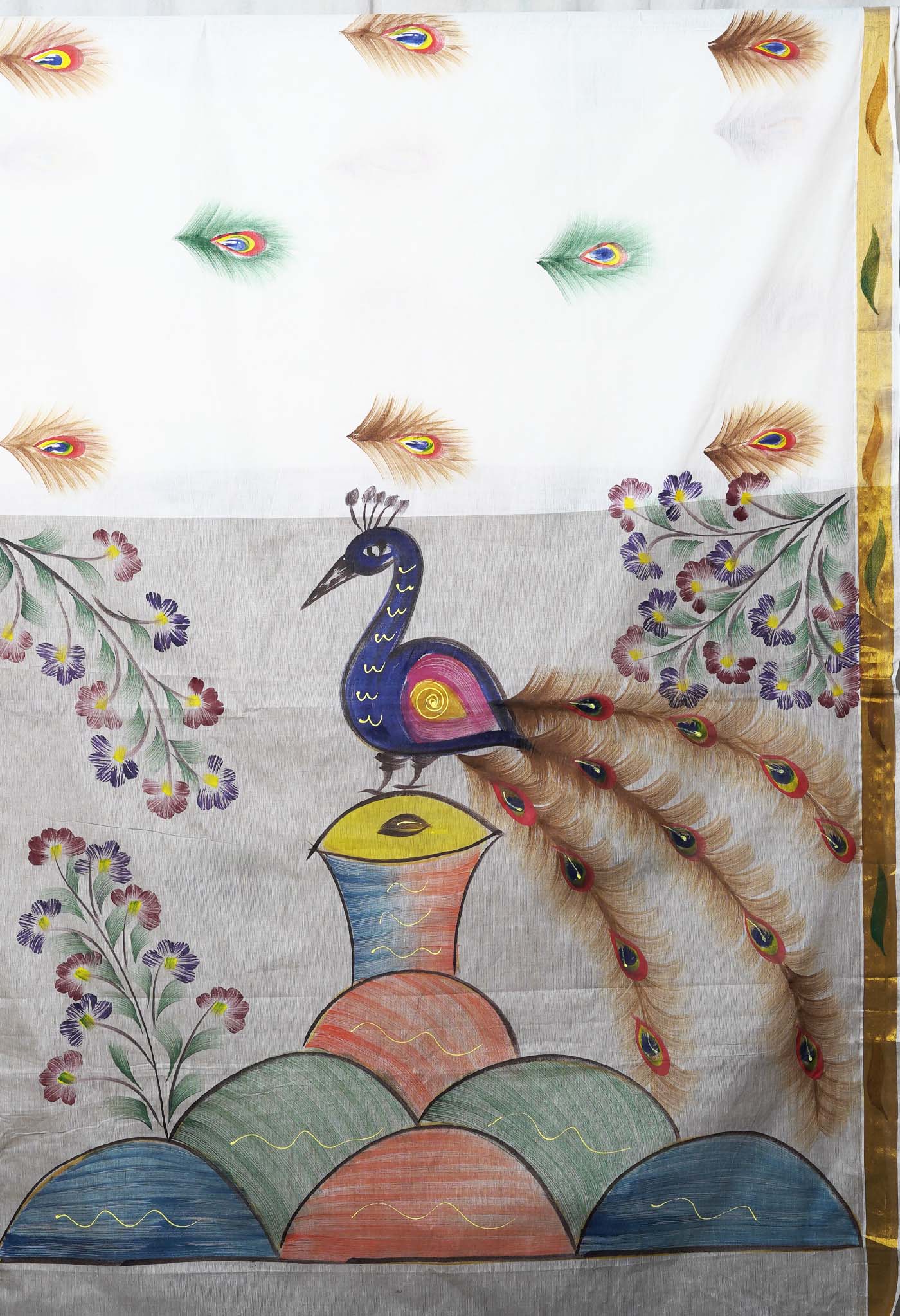 Ivory-Pale Grey Pure Brush Painted Kerala Kasavu Cotton Saree-UNM82348