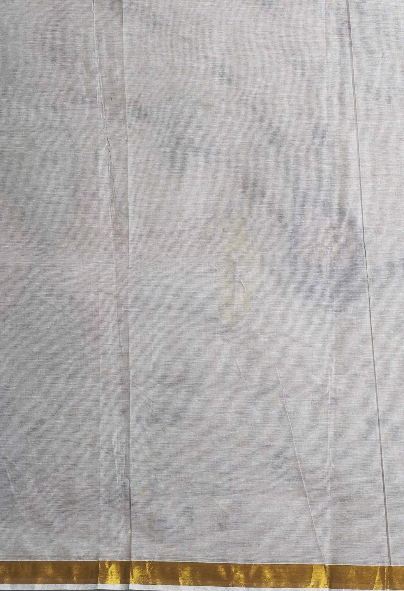 Ivory-Pale Grey Pure Brush Painted Kerala Kasavu Cotton Saree-UNM82348