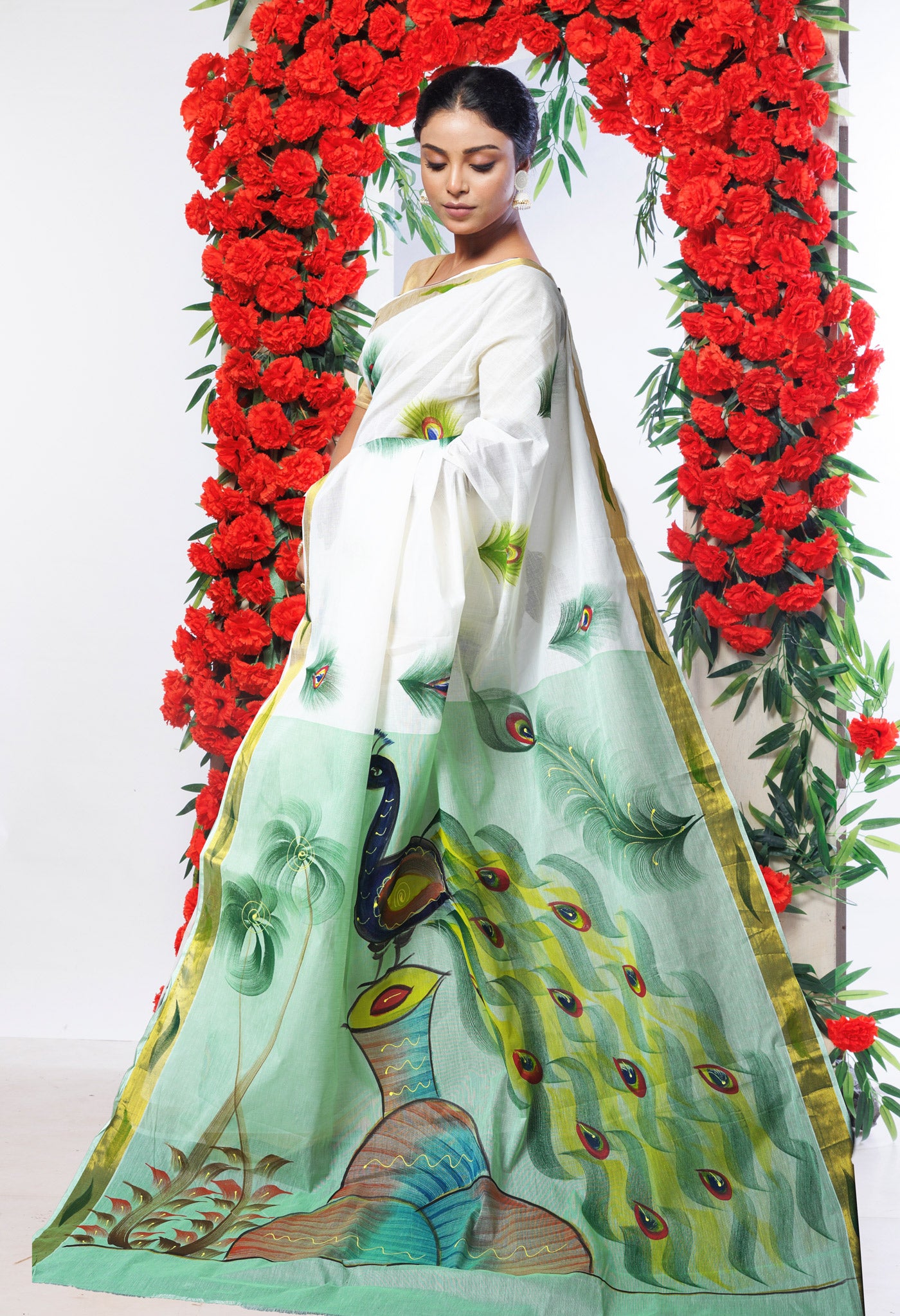 Ivory-Mint Green Pure Brush Painted Kerala Kasavu Cotton Saree-UNM82349