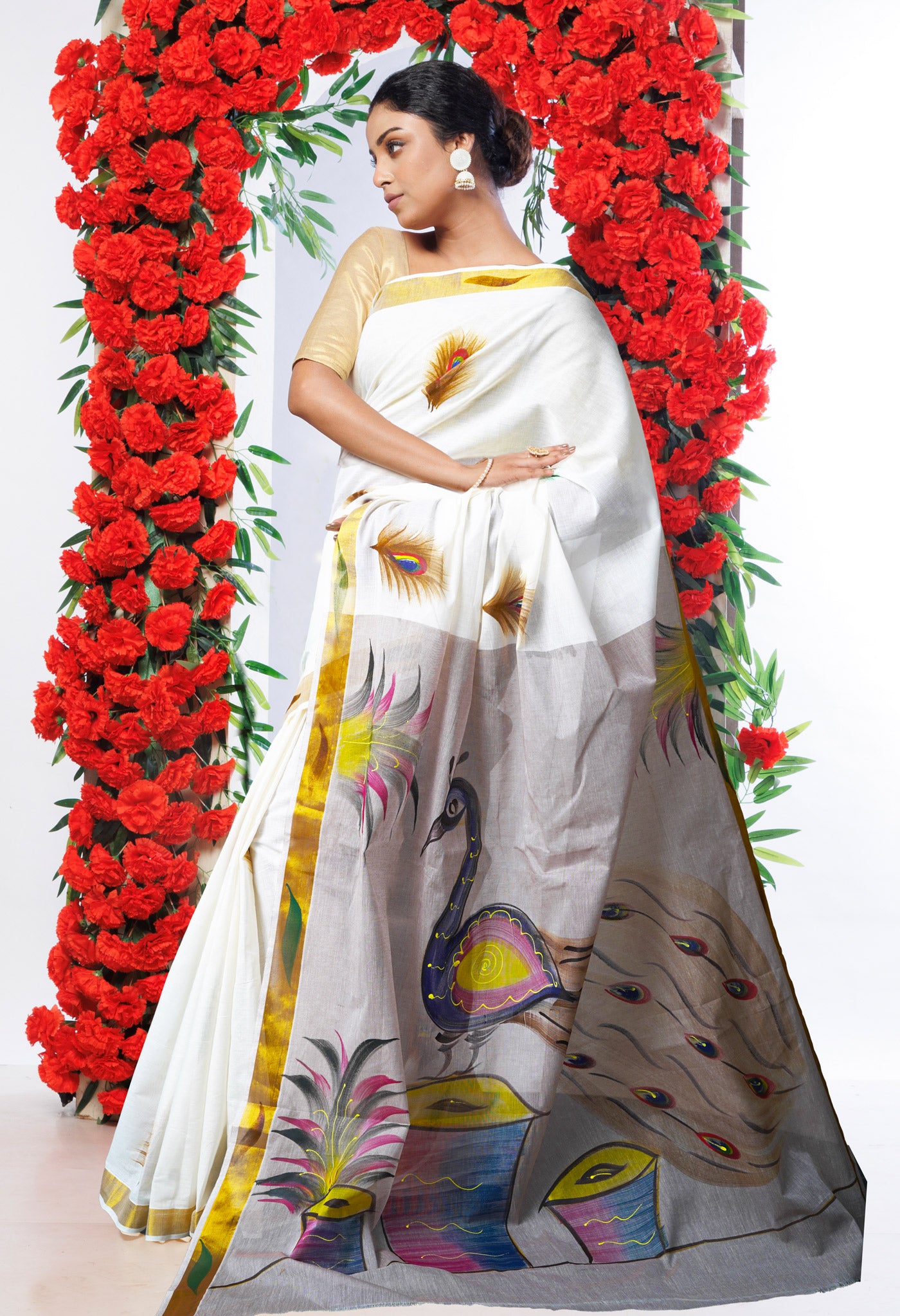 Ivory-Taupe Brown Pure Brush Painted Kerala Kasavu Cotton Saree-UNM82350