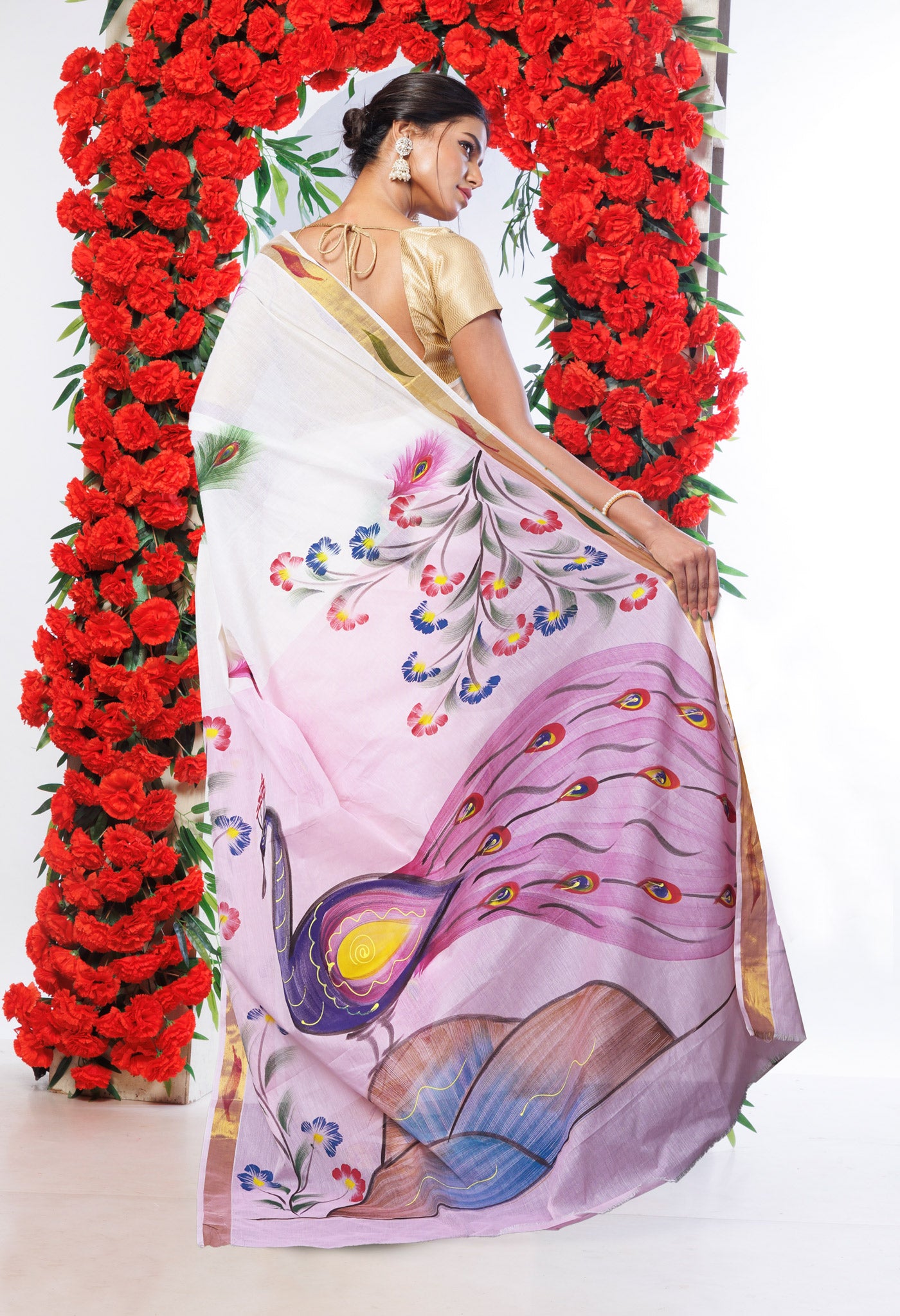 Ivory-Baby Pink Pure Brush Painted Kerala Kasavu Cotton Saree-UNM82351
