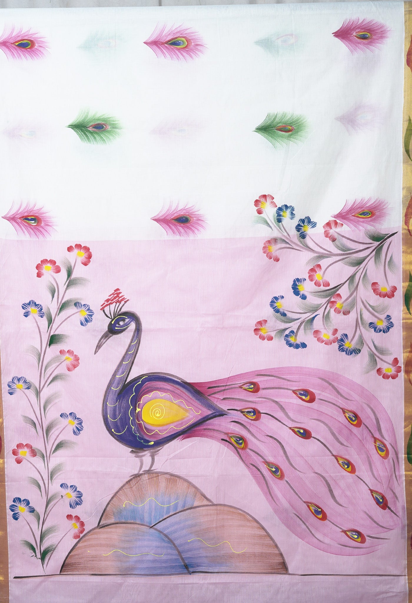 Ivory-Baby Pink Pure Brush Painted Kerala Kasavu Cotton Saree-UNM82351