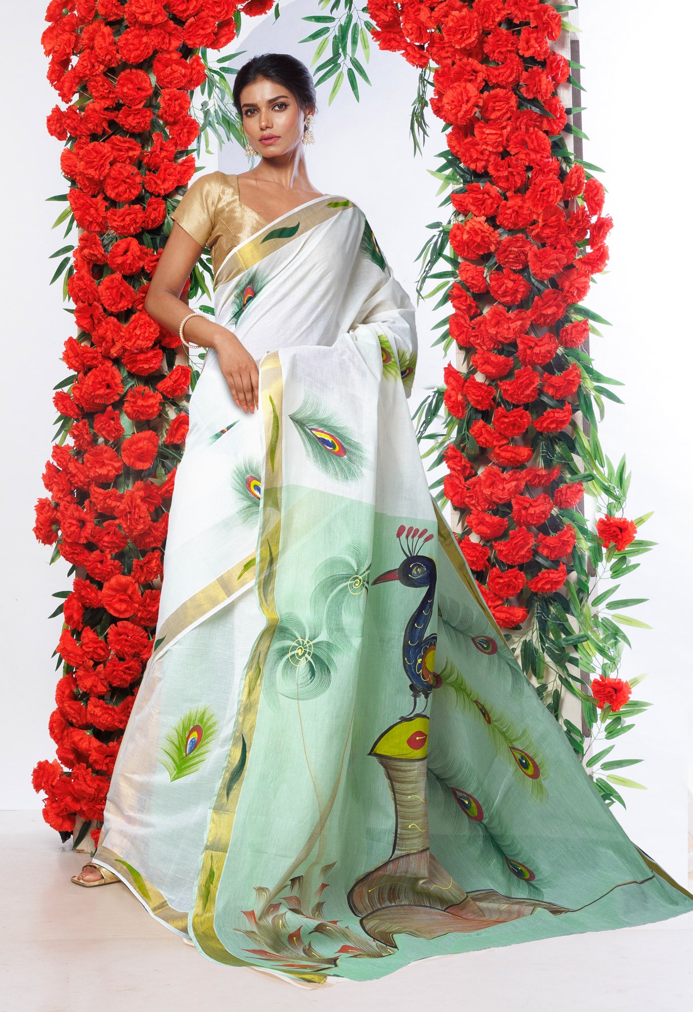Ivory-Mint Green Pure Brush Painted Kerala Kasavu Cotton Saree-UNM82352