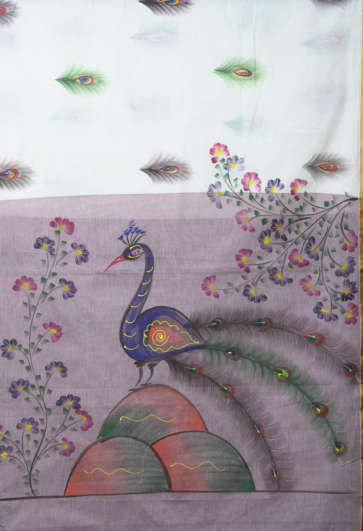 Ivory-Pale Maroon Pure Brush Painted Kerala Kasavu Cotton Saree-UNM82353