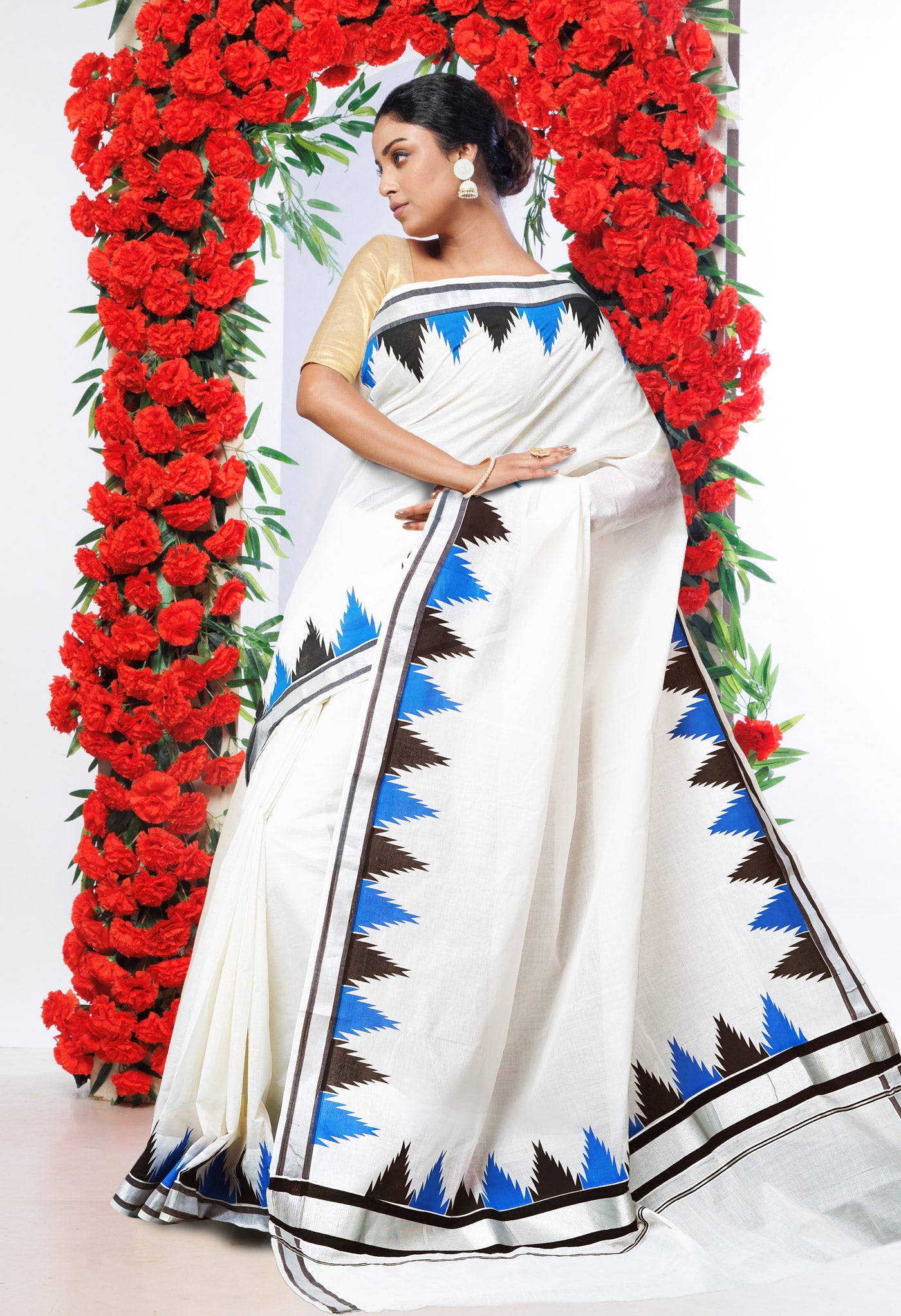 Ivory-Black Pure Digital Block Printed Kerala Kasavu Cotton Saree-UNM82355