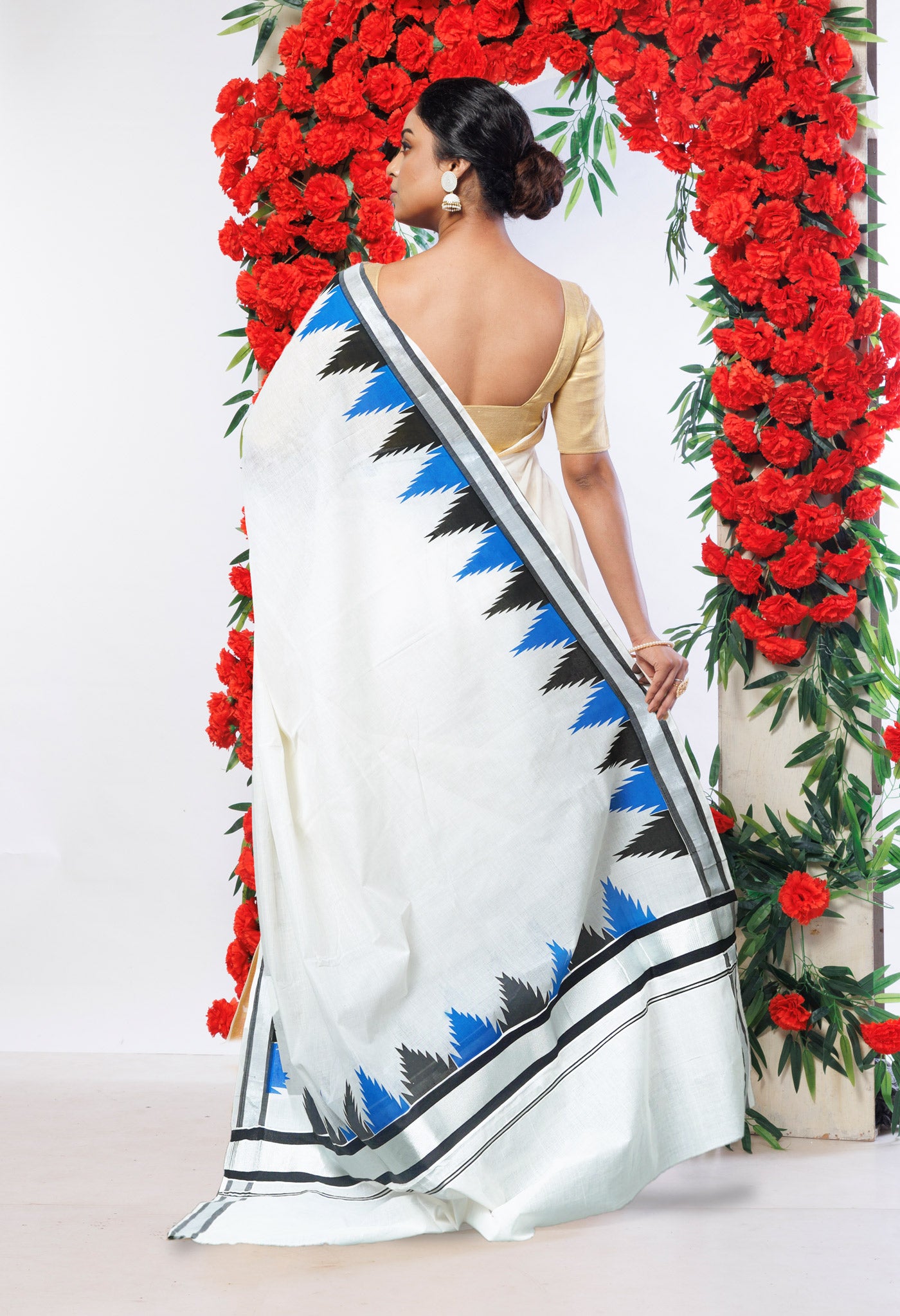 Ivory-Black Pure Digital Block Printed Kerala Kasavu Cotton Saree-UNM82355