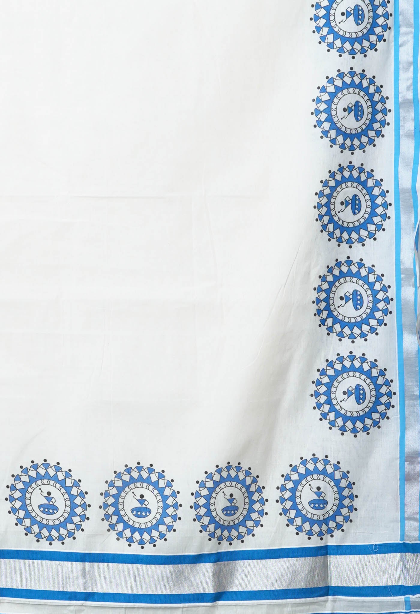 Ivory-Blue Pure Digital Block Printed Kerala Kasavu Cotton Saree-UNM82361