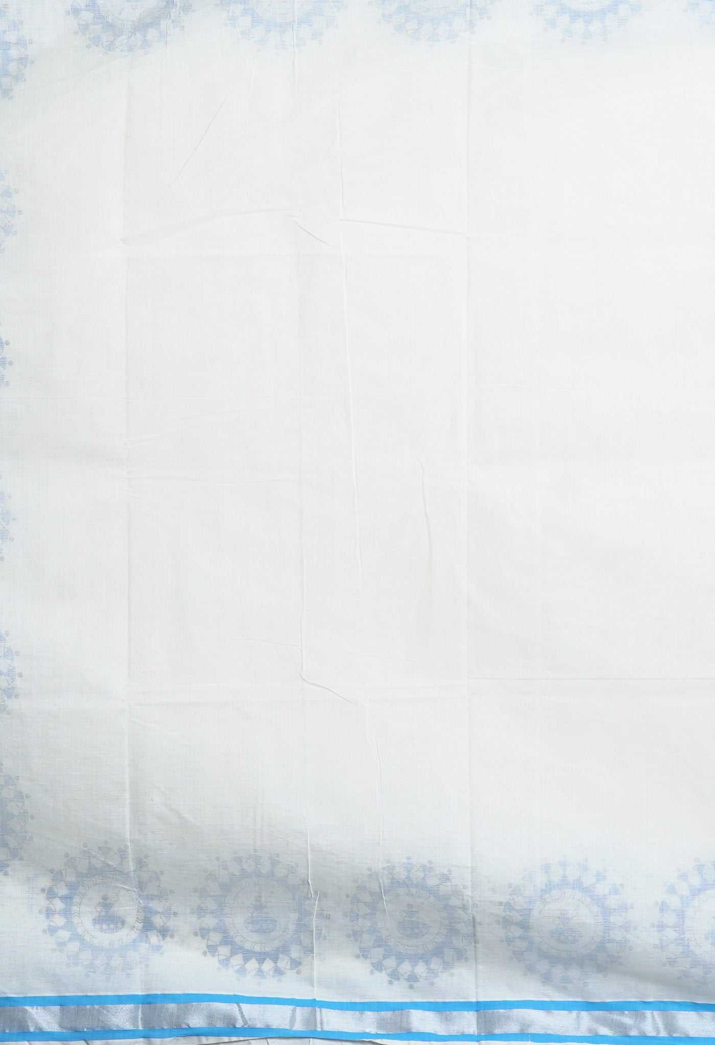 Ivory-Blue Pure Digital Block Printed Kerala Kasavu Cotton Saree-UNM82361