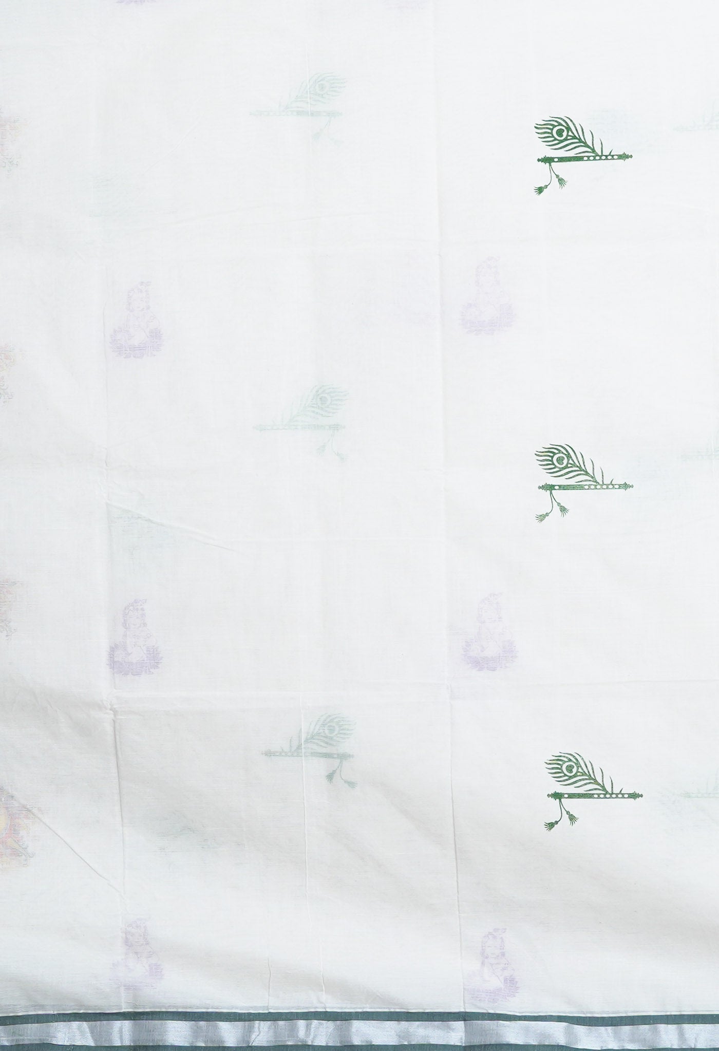 Ivory-Dark Green Pure Digital Block Printed Kerala Kasavu Cotton Saree-UNM82364
