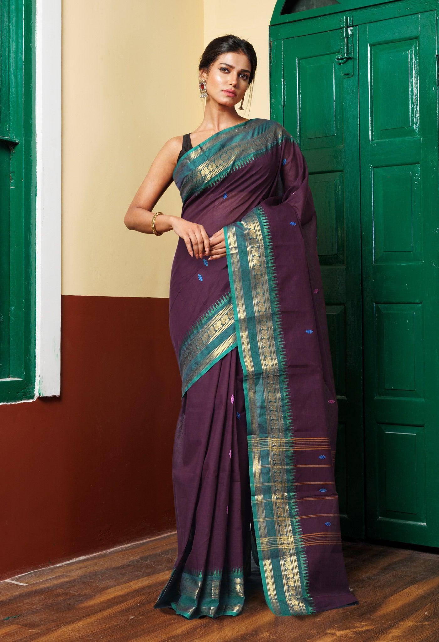 Dark Brown Pure Pavani Handcrafted Kanchi Cotton Saree-UNM82399