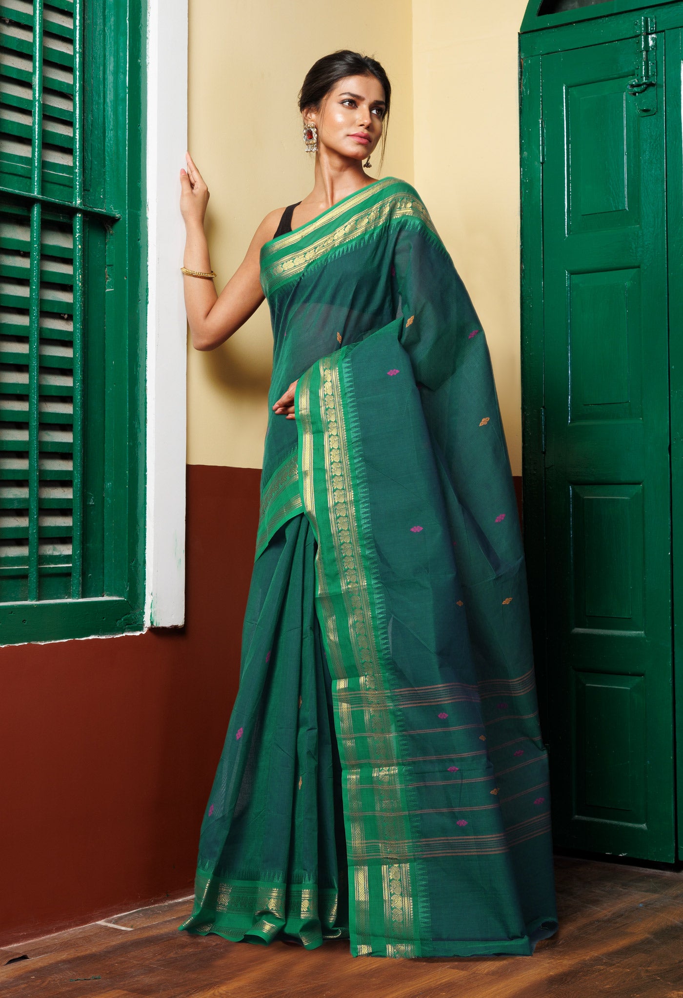 Dark Green Pure Pavani Handcrafted Kanchi Cotton Saree-UNM82400
