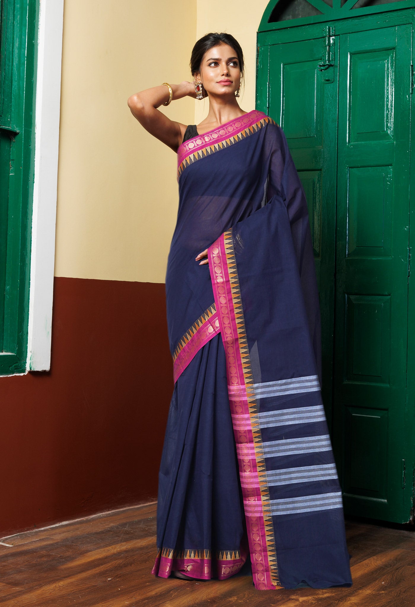 Navy Blue Pure Pavani Handcrafted Kanchi Cotton Saree-UNM82415