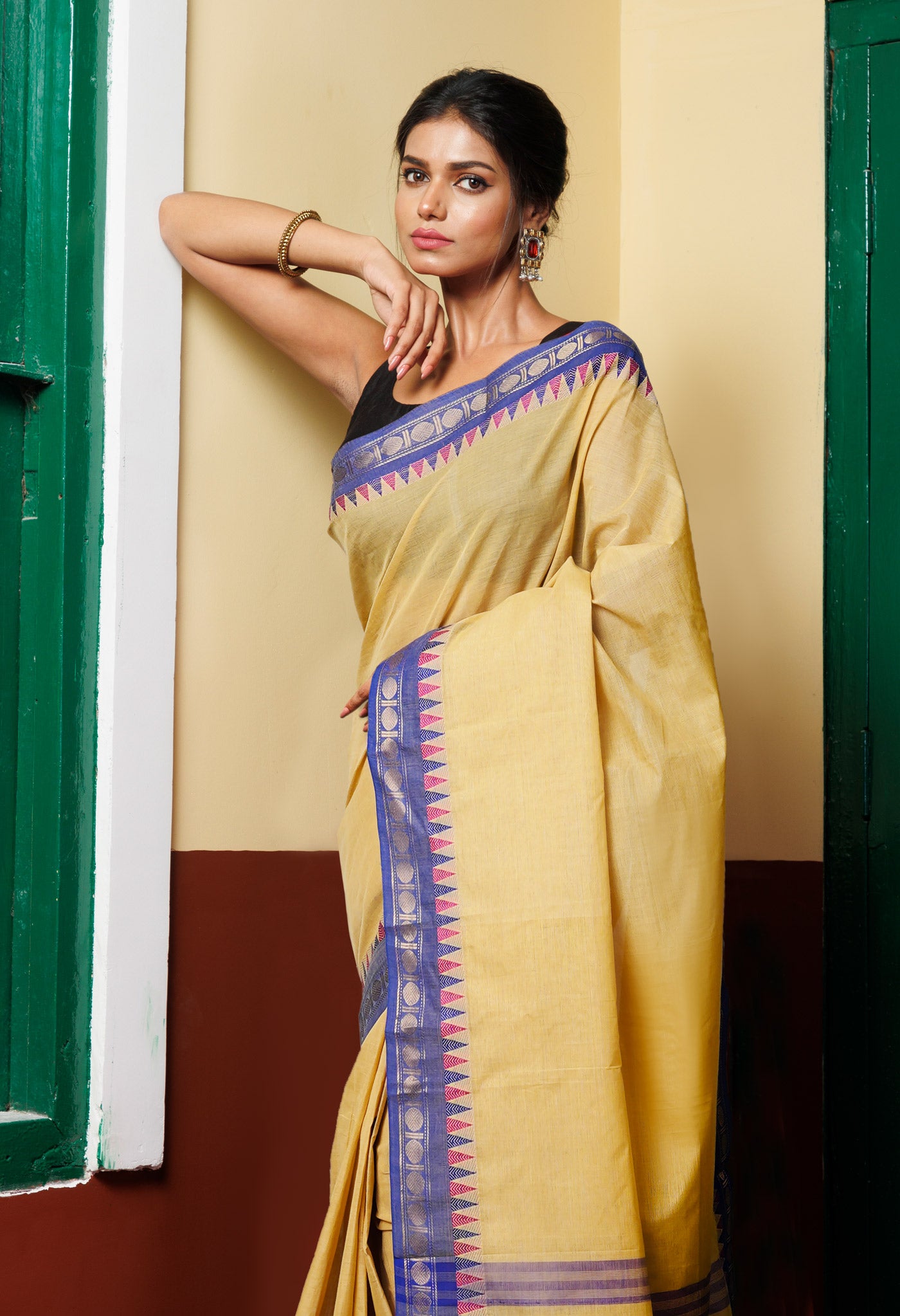 Cream Pure Pavani Handcrafted Kanchi Cotton Saree-UNM82418