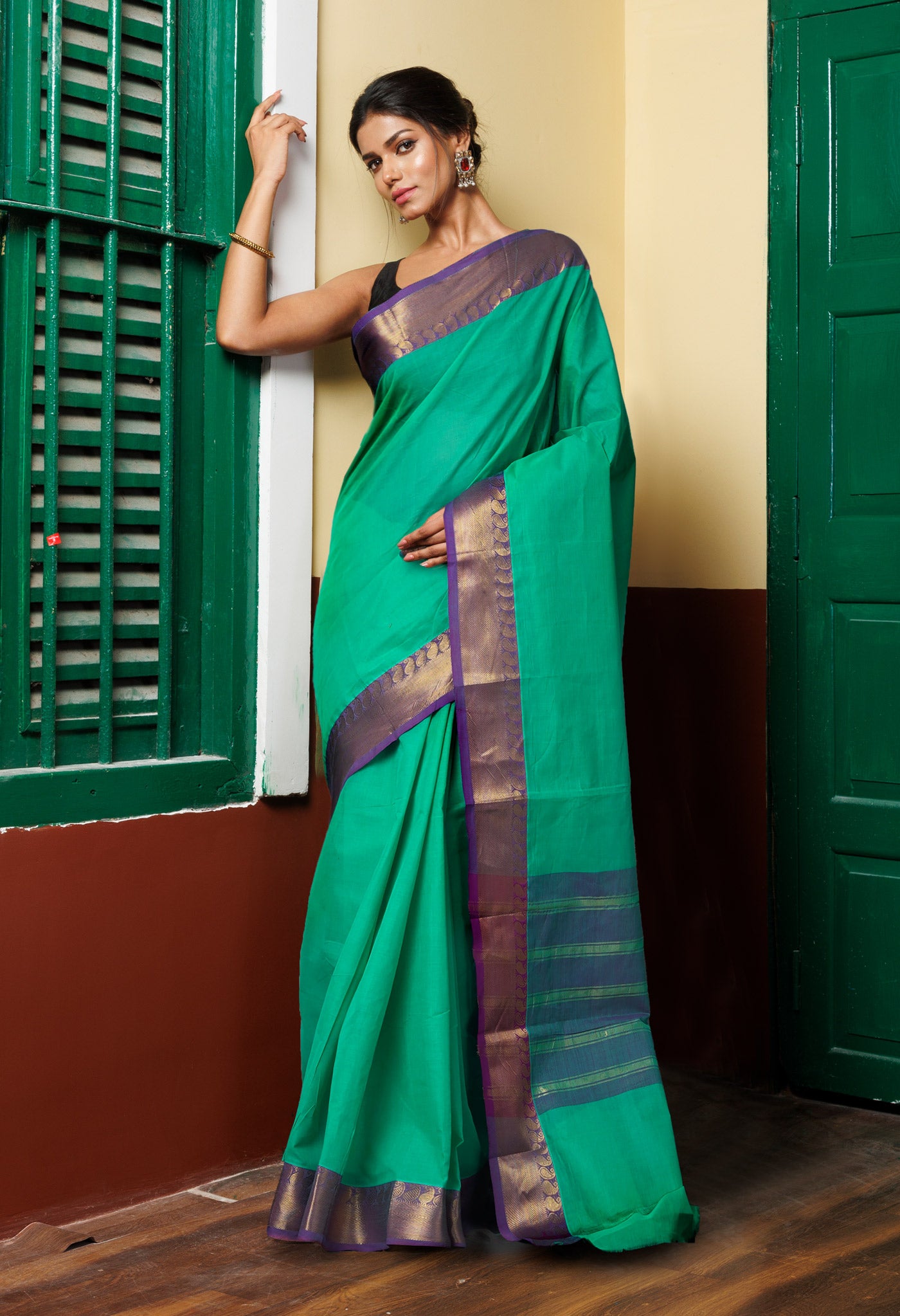 Turquoise Green Pure Pavani Handcrafted Kanchi Cotton Saree-UNM82429