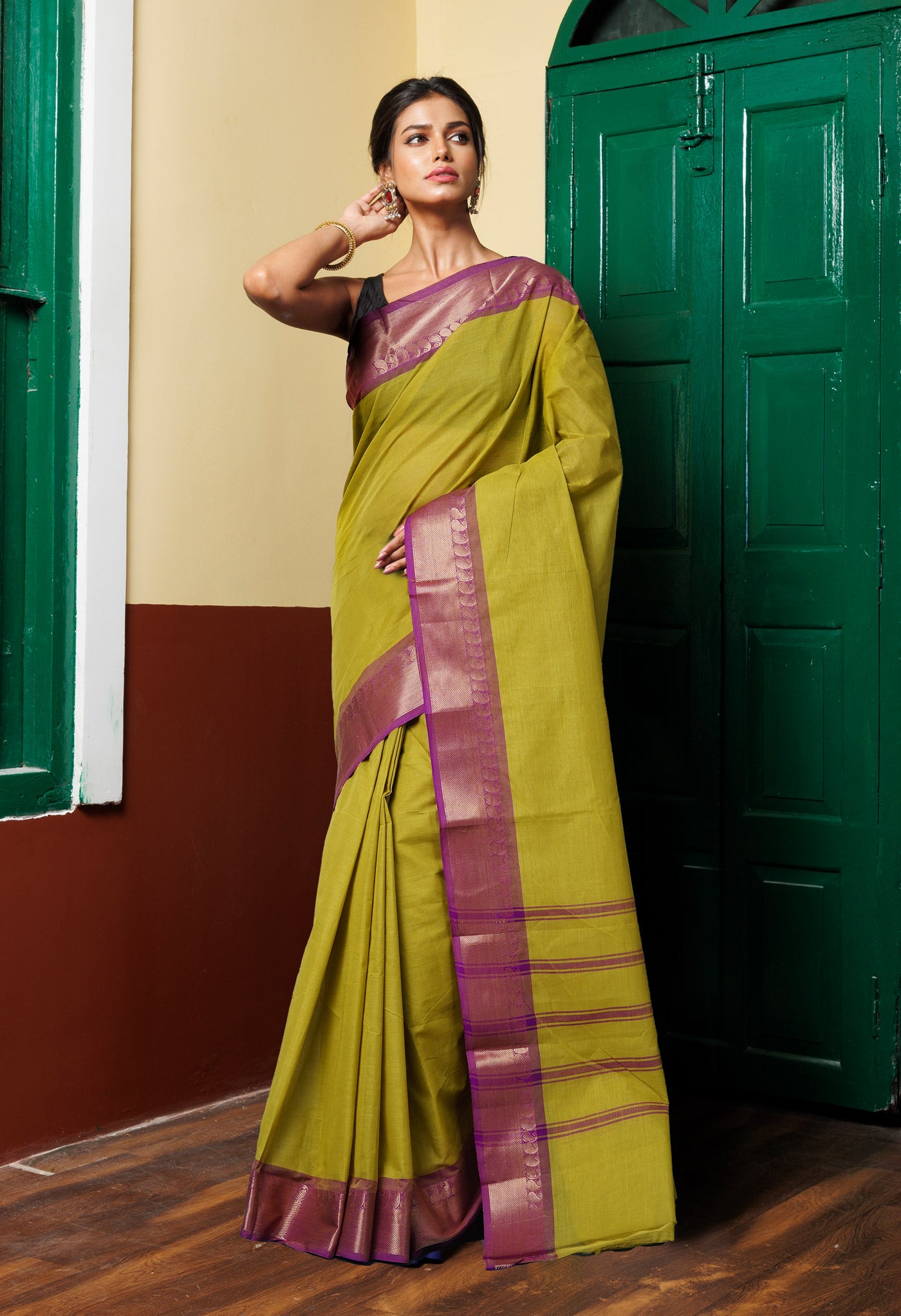 Mehindhi Green Pure Pavani Handcrafted Kanchi Cotton Saree-UNM82431