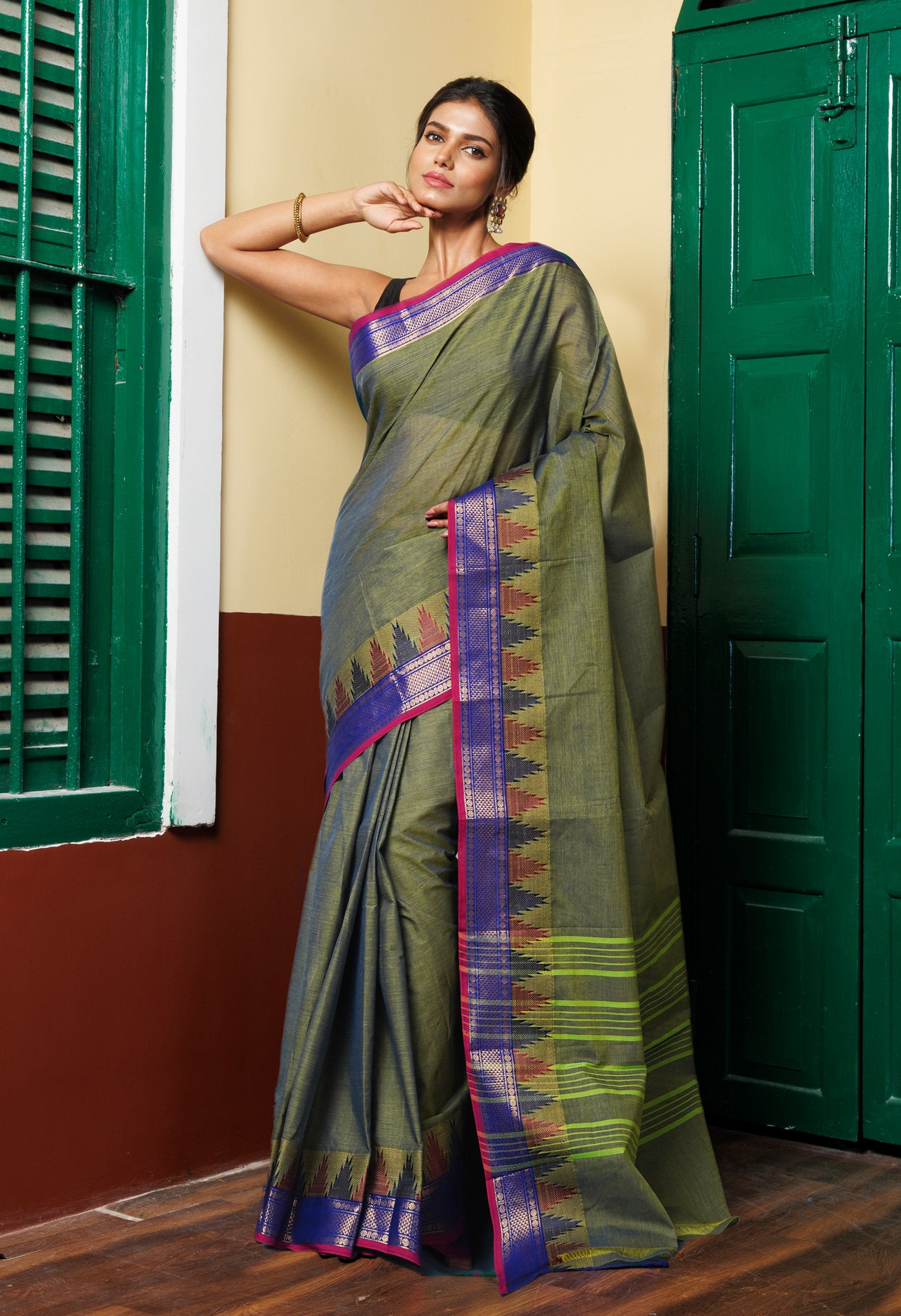 Green Pure Pavani Handcrafted Kanchi Cotton Saree-UNM82434