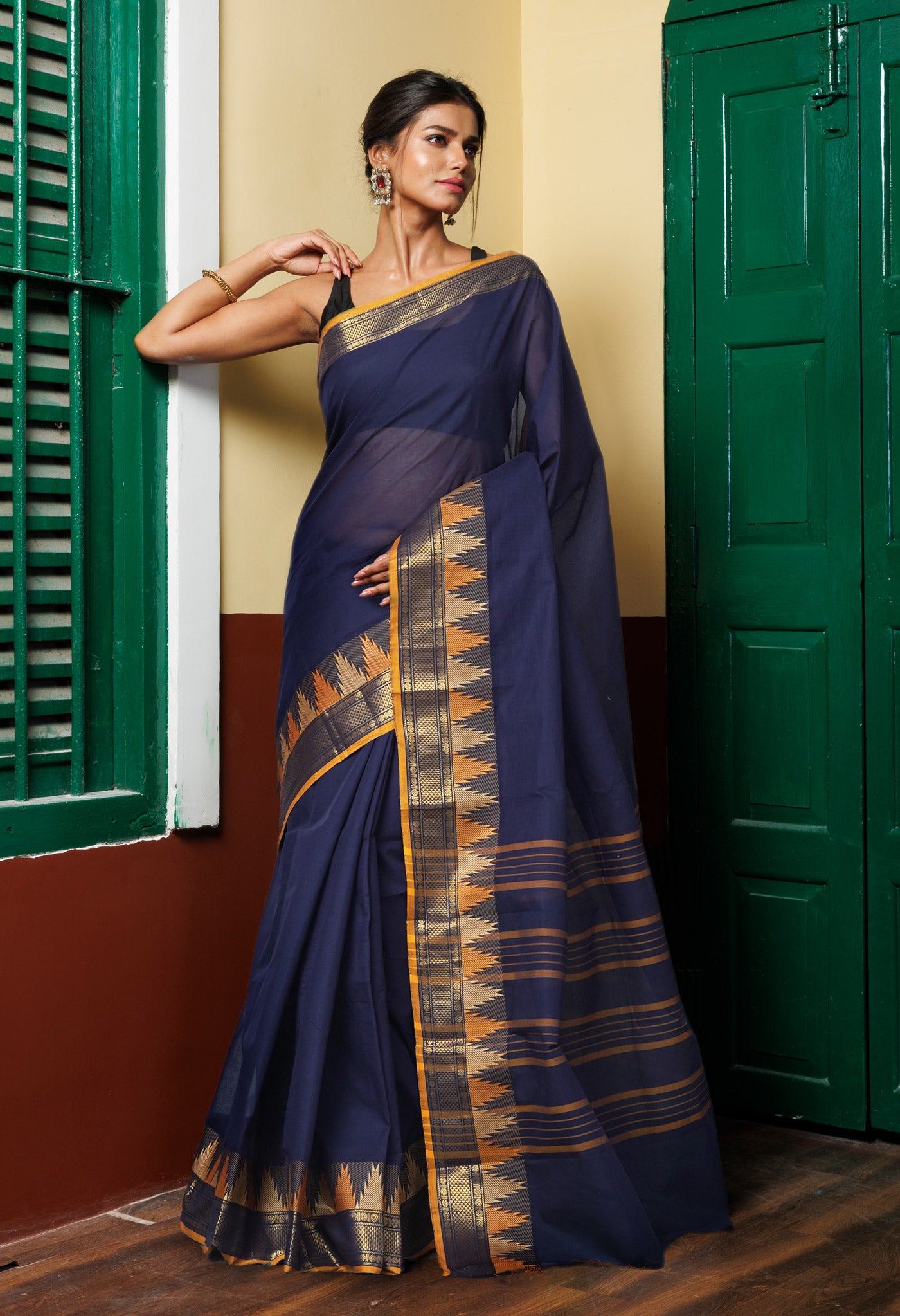 Navy Blue Pure Pavani Handcrafted Kanchi Cotton Saree-UNM82436