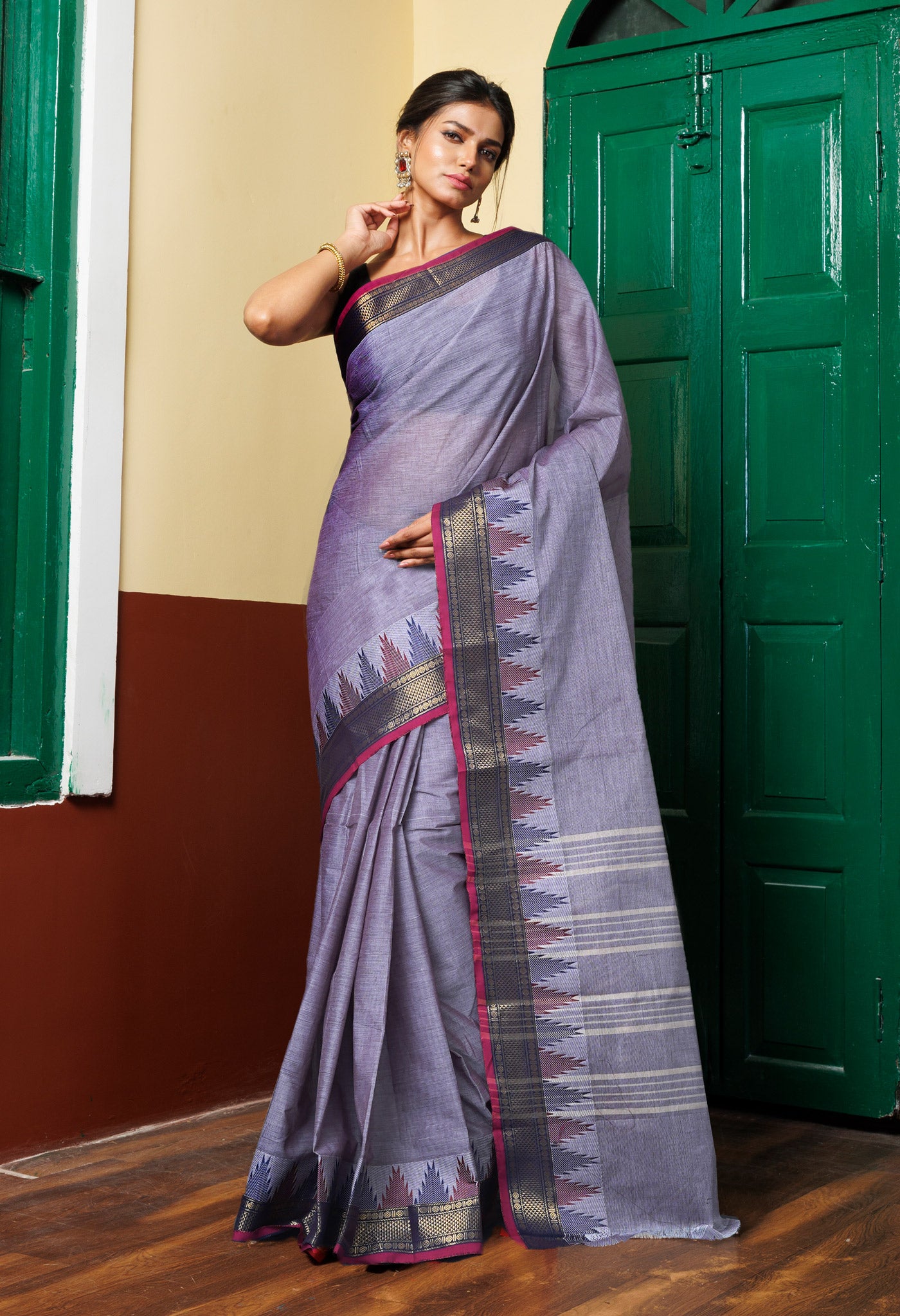Grey Pure Pavani Handcrafted Kanchi Cotton Saree-UNM82443