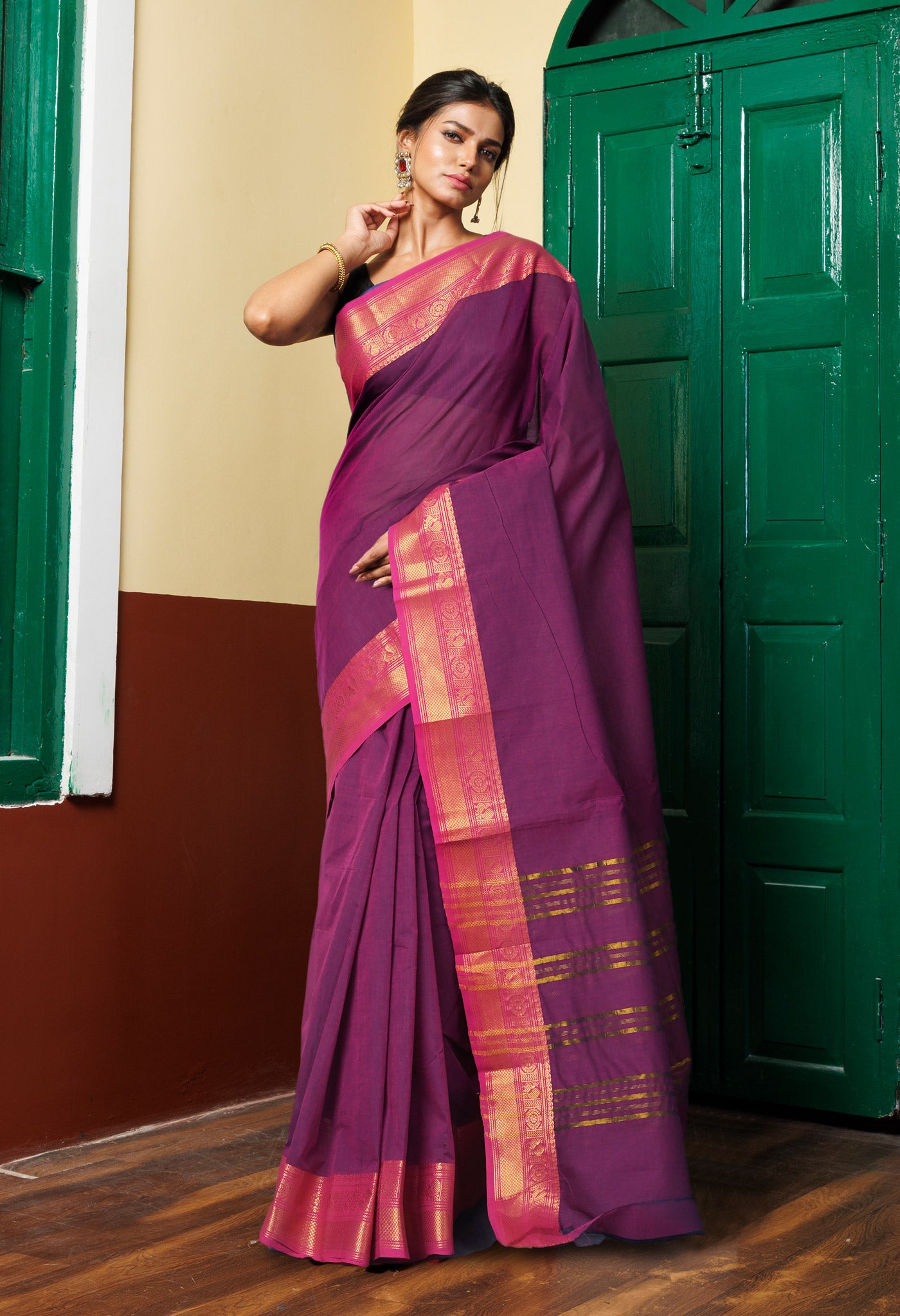 Dark Pink Pure Pavani Handcrafted Kanchi Cotton Saree-UNM82446