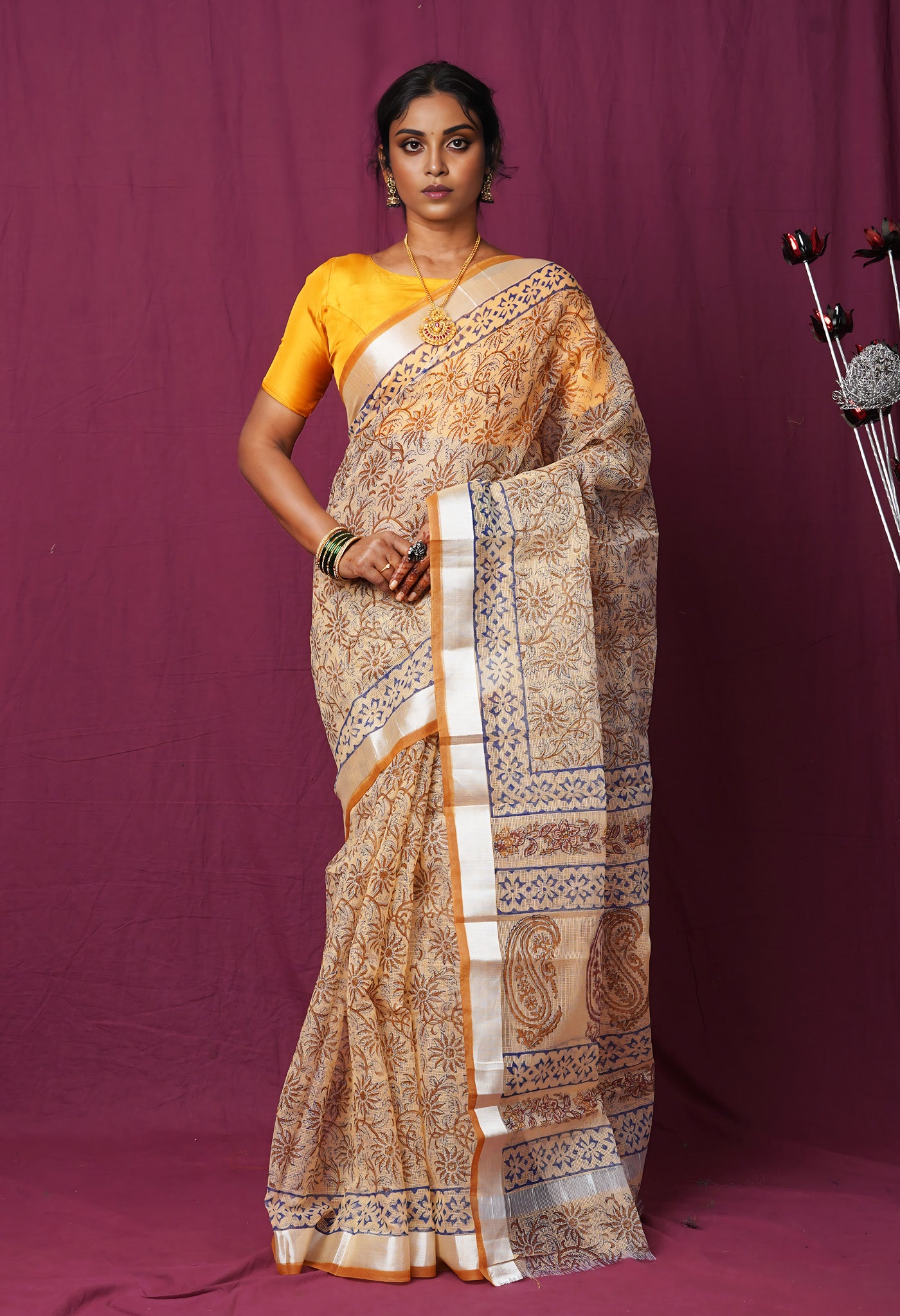Cream Pure Hand Block Printed Kota Saree-UNM82462