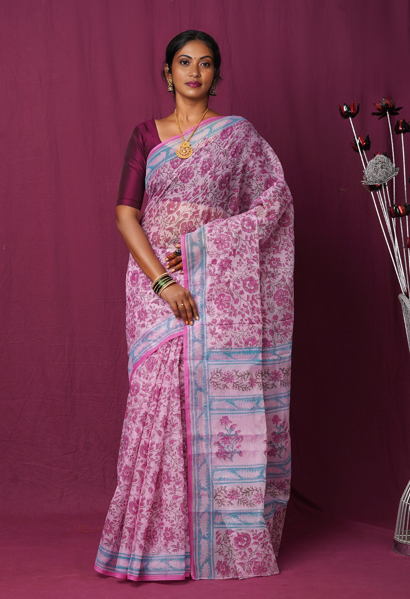 Pink Pure Hand Block Printed Kota Saree-UNM82463