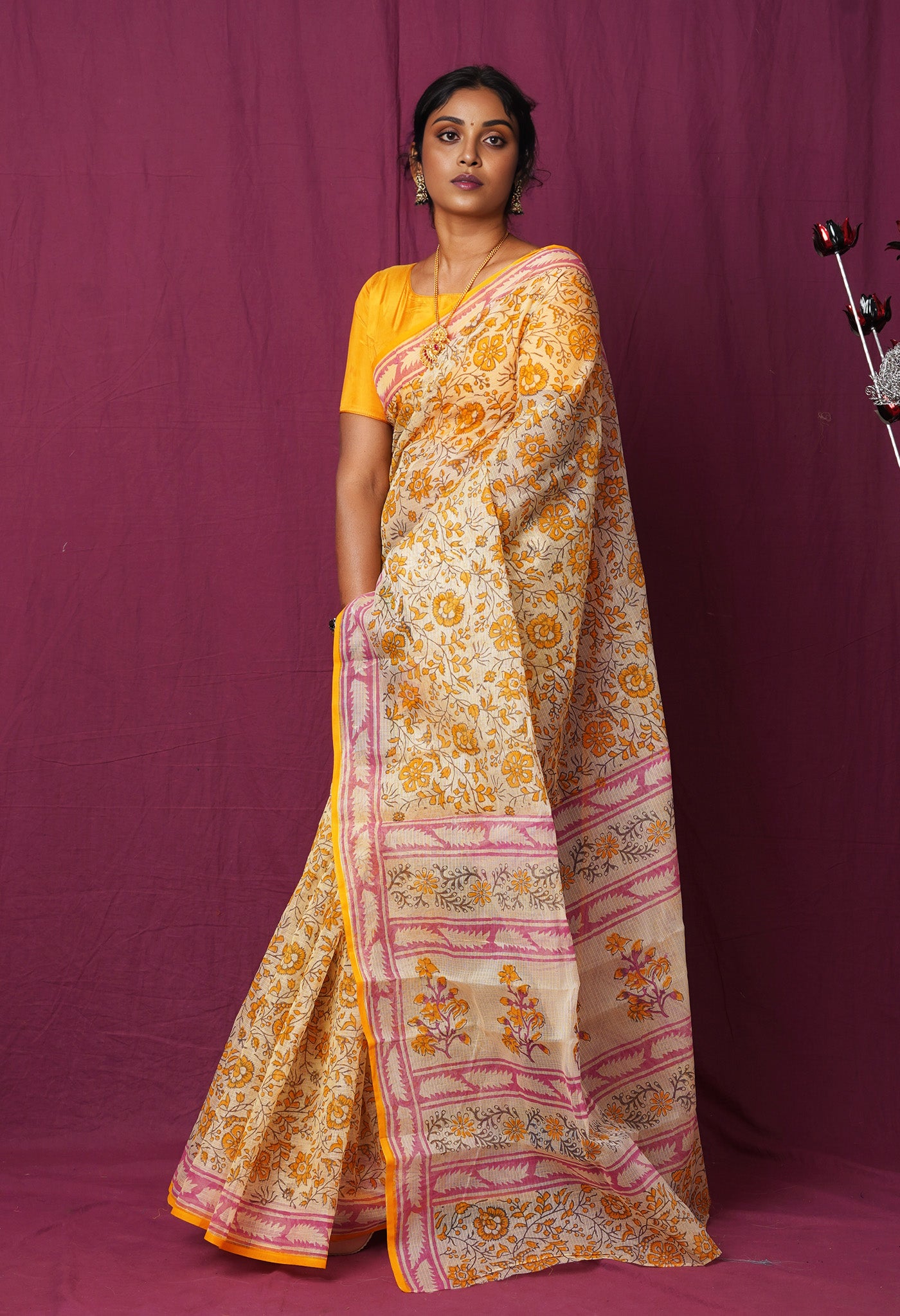 Cream Pure Hand Block Printed Kota Saree-UNM82464