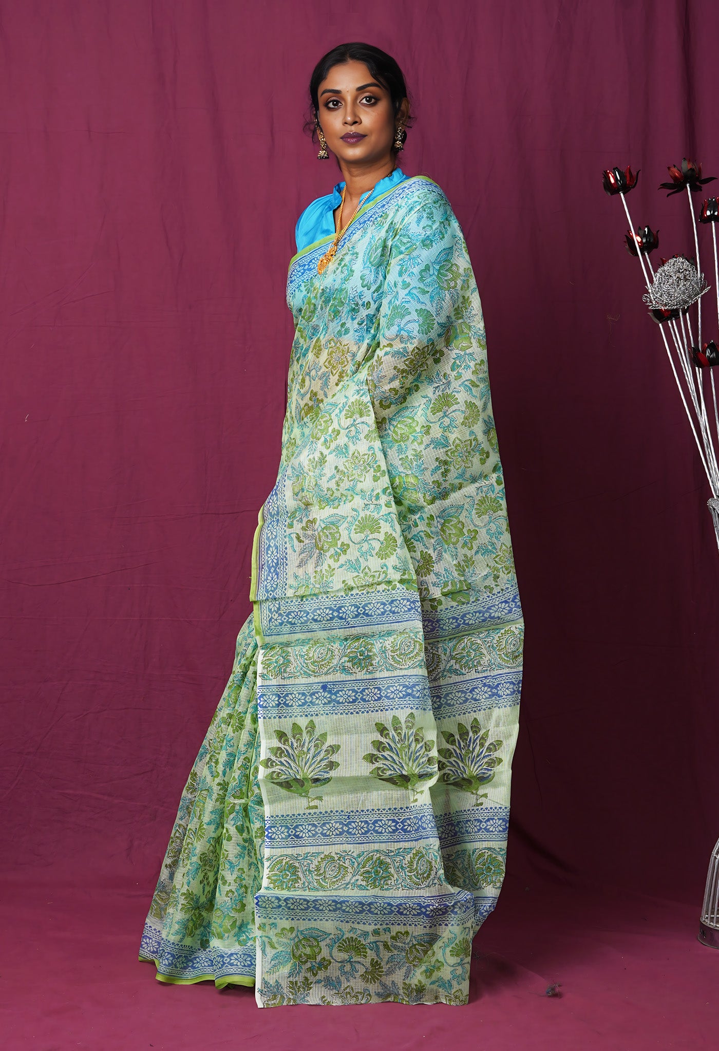 Green Pure Hand Block Printed Kota Saree-UNM82465