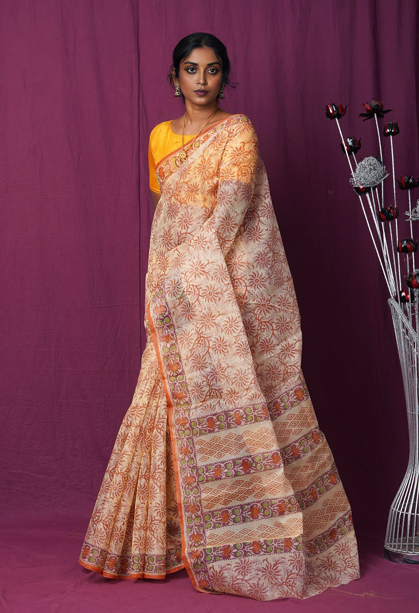 Cream Pure Hand Block Printed Kota Saree-UNM82467