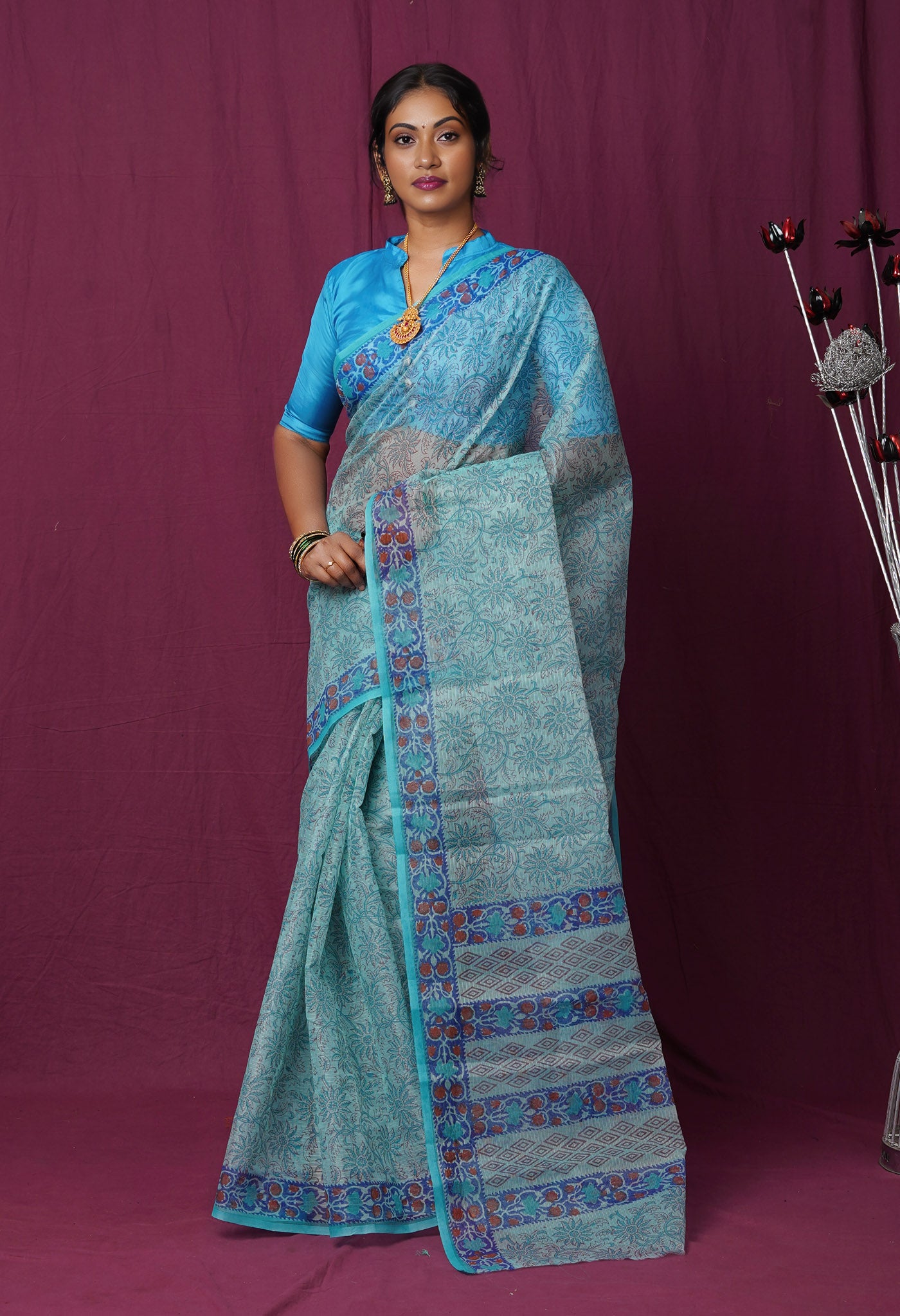 Blue Pure Hand Block Printed Kota Saree-UNM82468