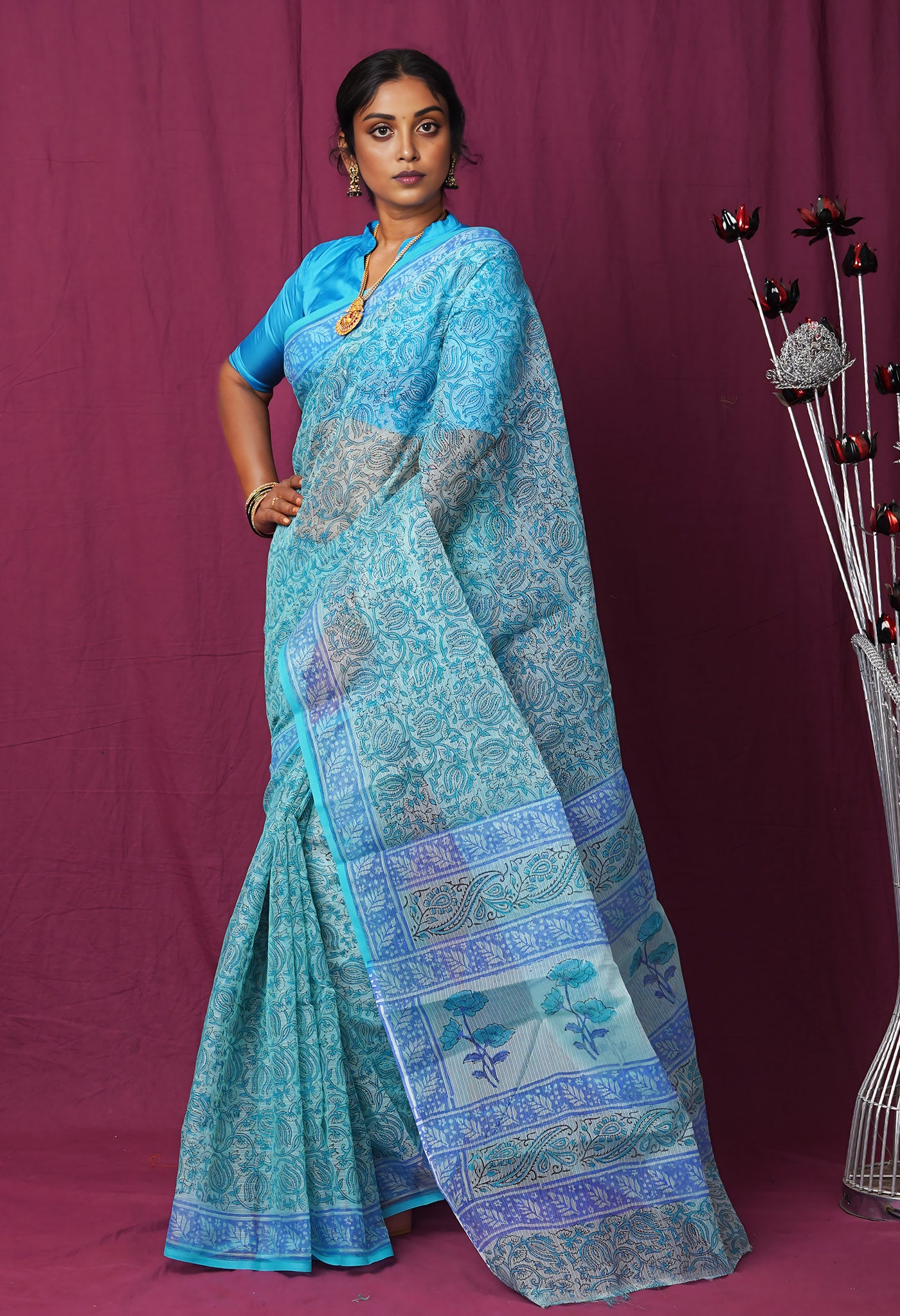 Blue Pure Hand Block Printed Kota Saree-UNM82469
