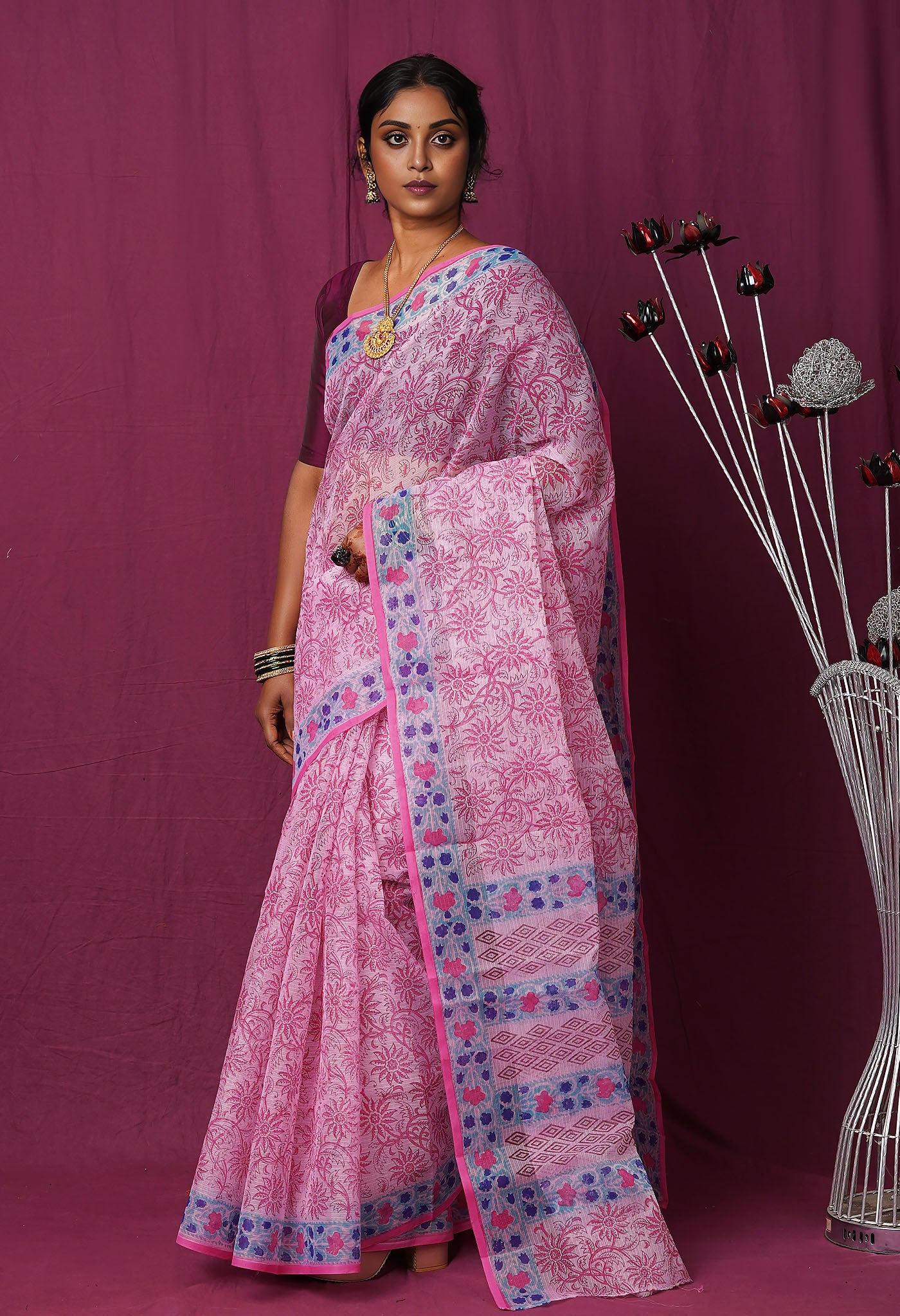 Pink Pure Hand Block Printed Kota Saree-UNM82470