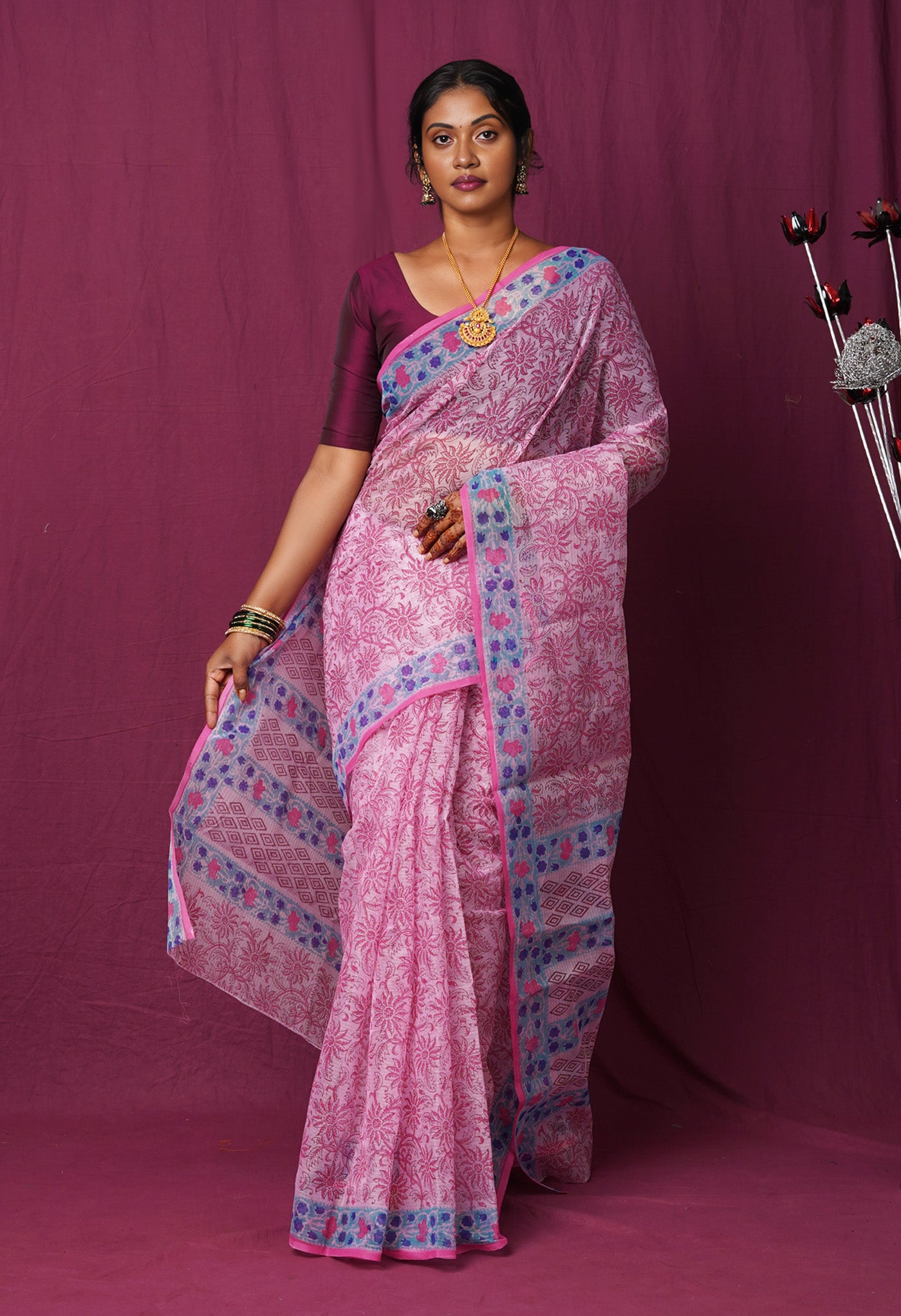 Pink Pure Hand Block Printed Kota Saree-UNM82470