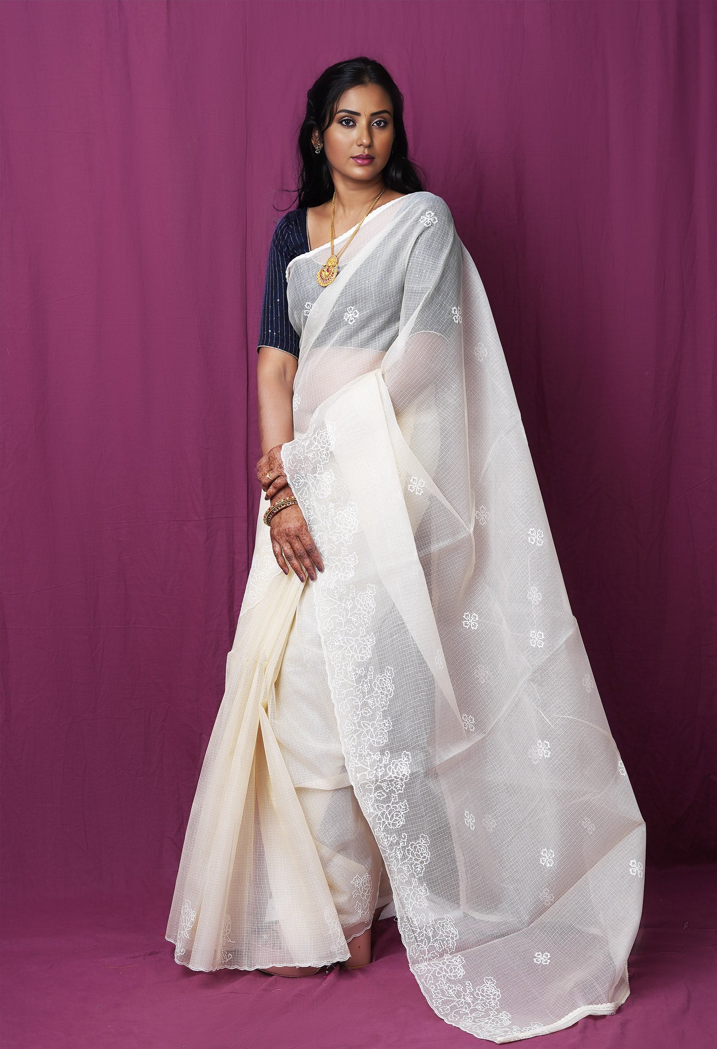 Cream Pure Emboridery Kota Saree-UNM82489