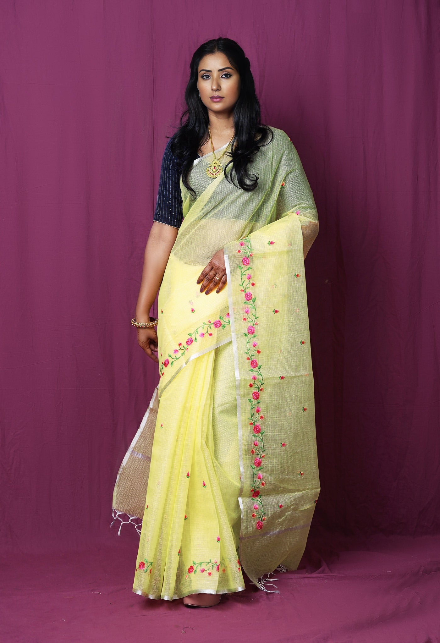 Yellow Pure Emboridery Kota Saree-UNM82501