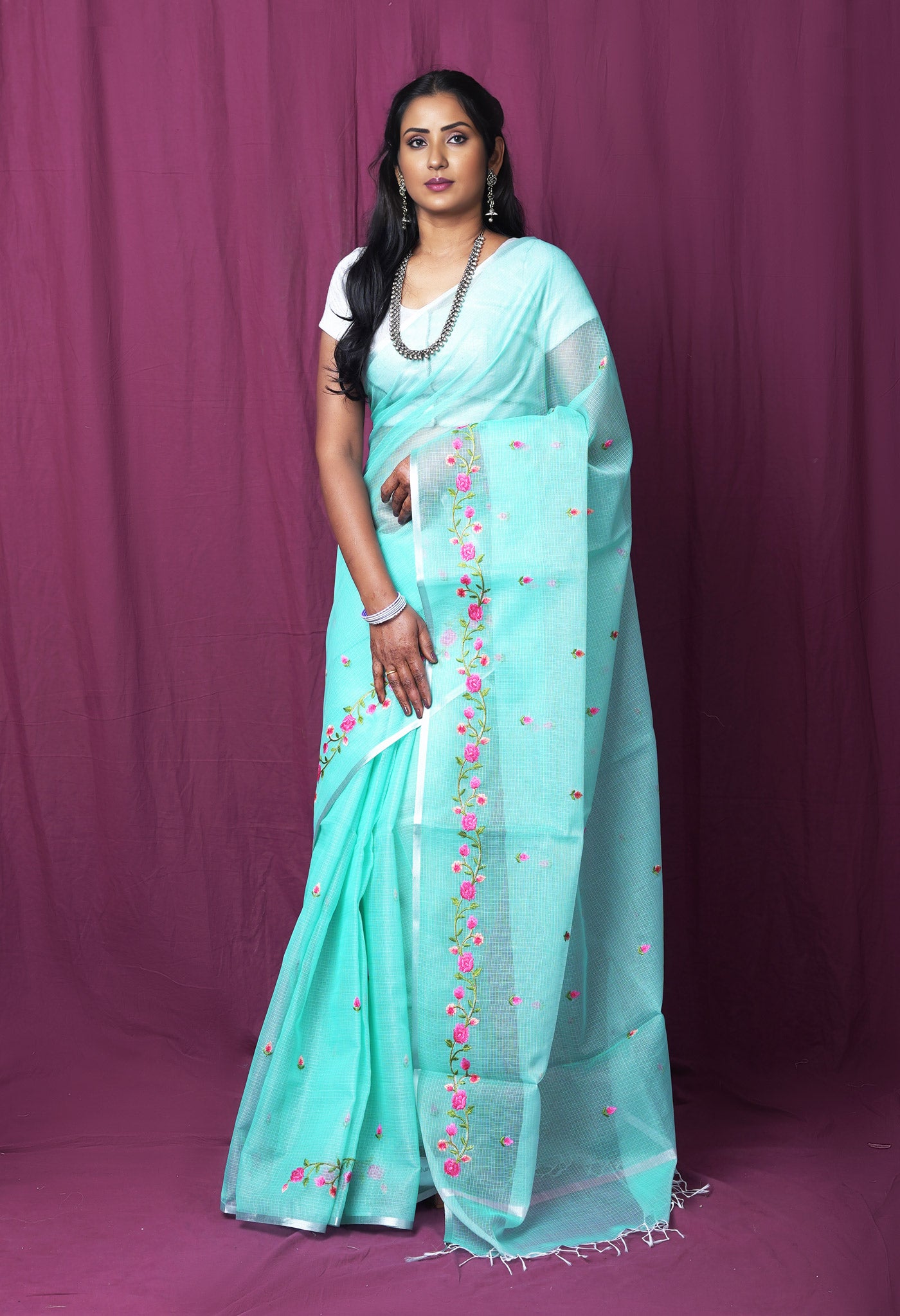 Turquoise Blue Pure Emboridery Kota Saree-UNM82506