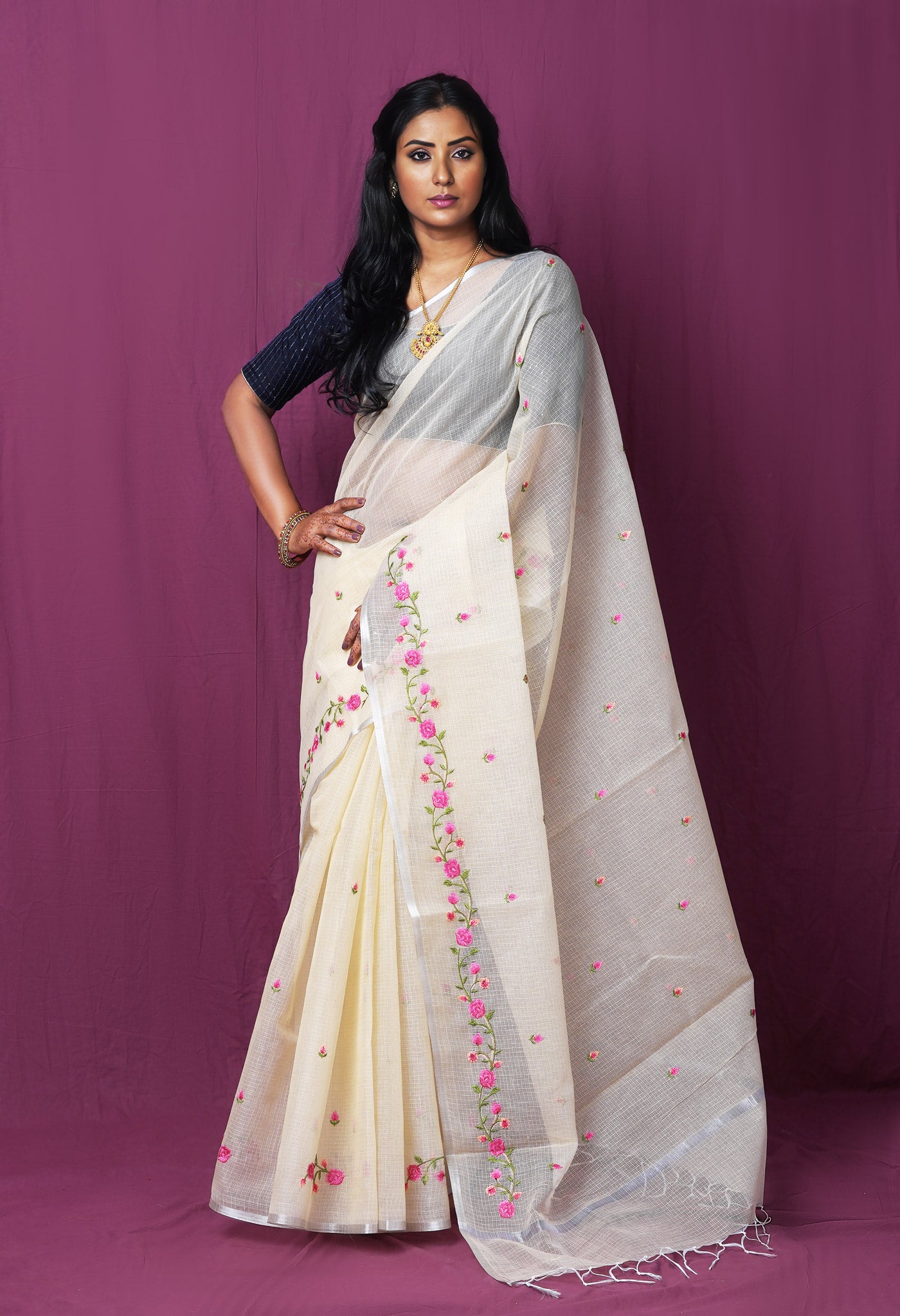 Cream Pure Emboridery Kota Saree-UNM82508