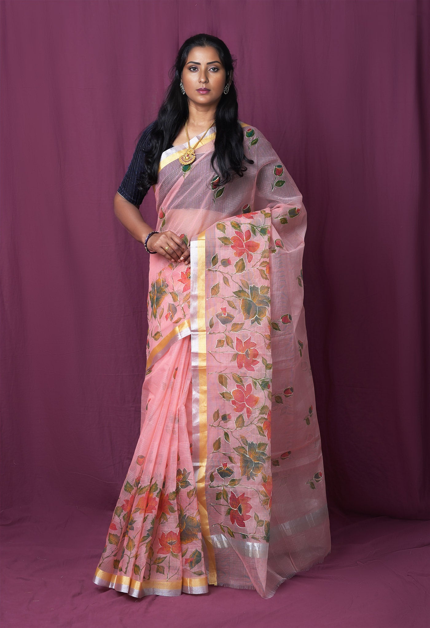 Pink Pure Hand Painted With Emboridery Kota Saree-UNM82509