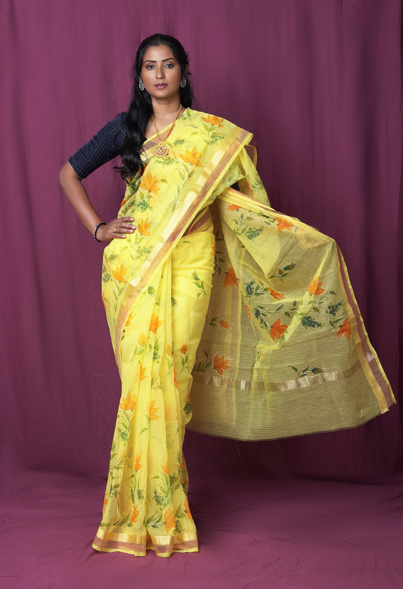Yellow Pure Hand Painted With Emboridery Kota Saree-UNM82510