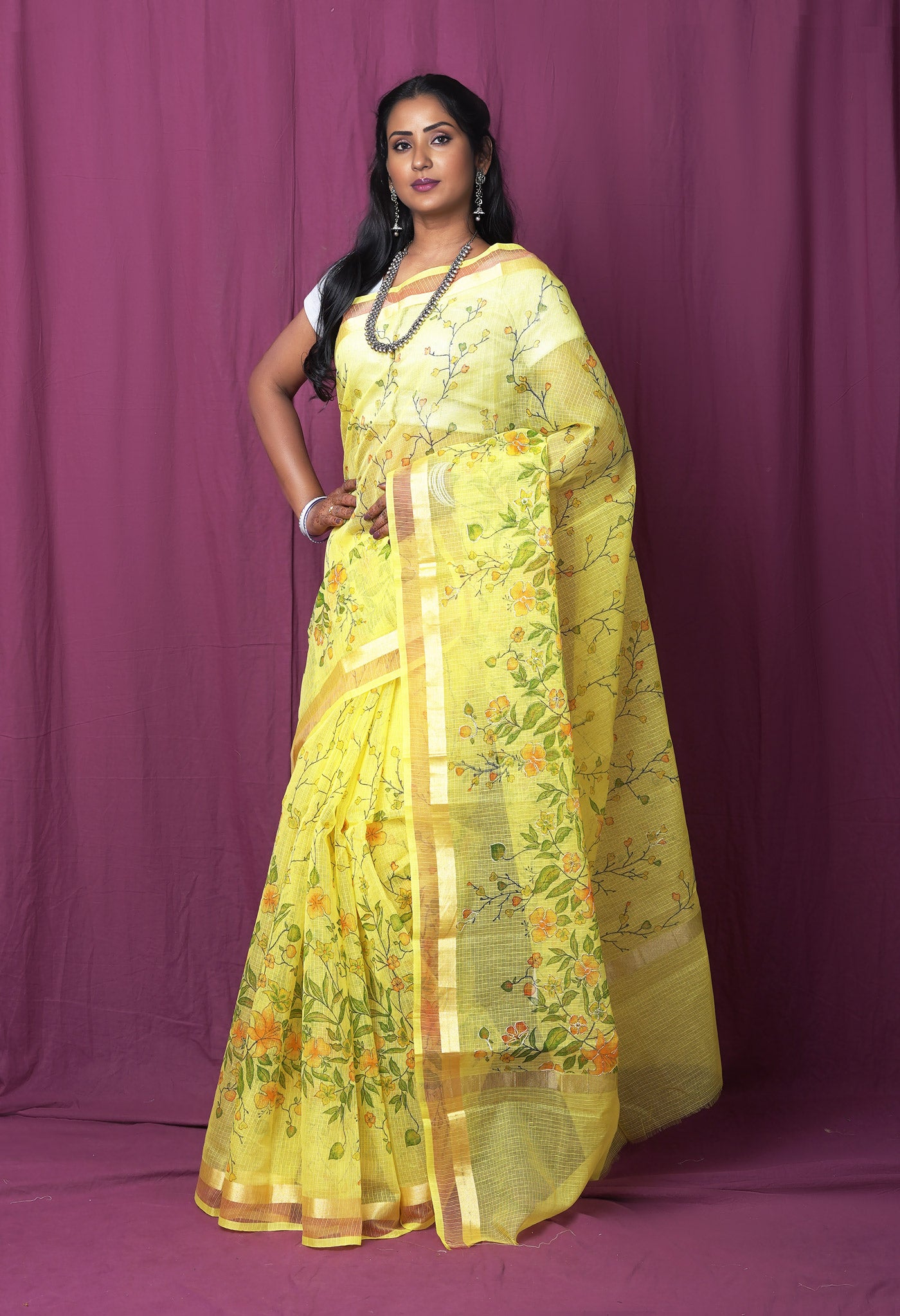 Yellow Pure Hand Painted With Emboridery Kota Saree-UNM82515