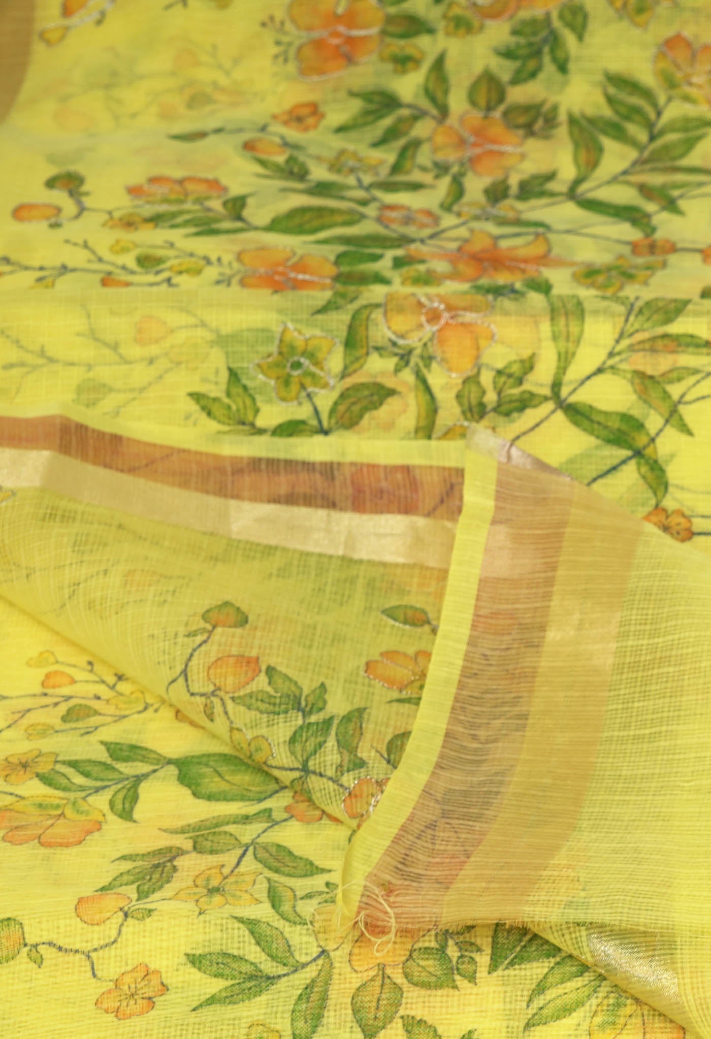 Yellow Pure Hand Painted With Emboridery Kota Saree-UNM82515