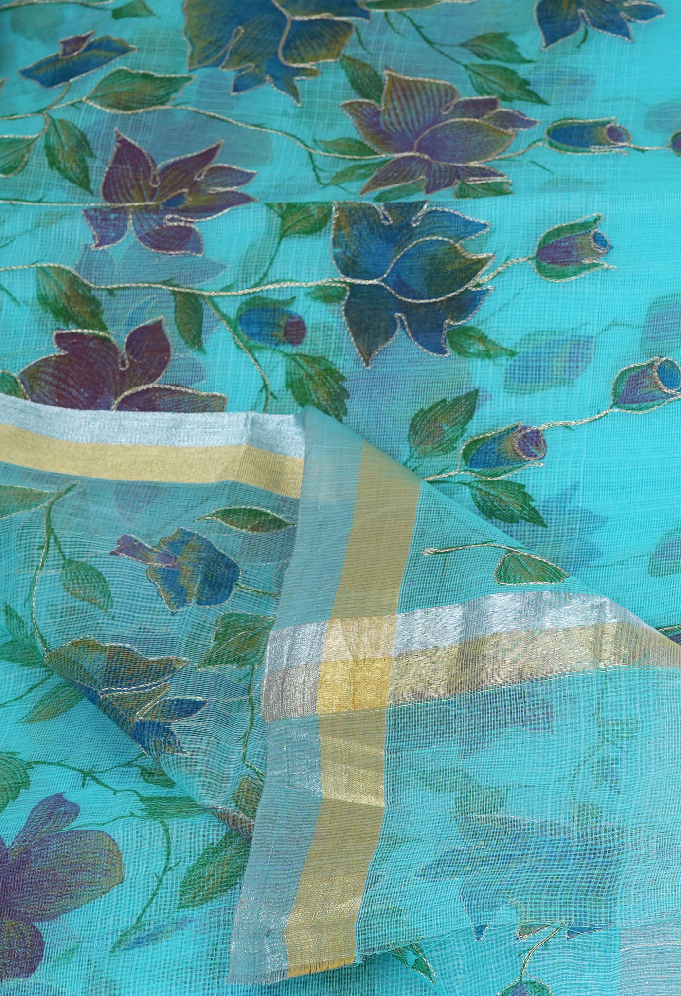 Blue Pure Hand Painted With Emboridery Kota Saree-UNM82516